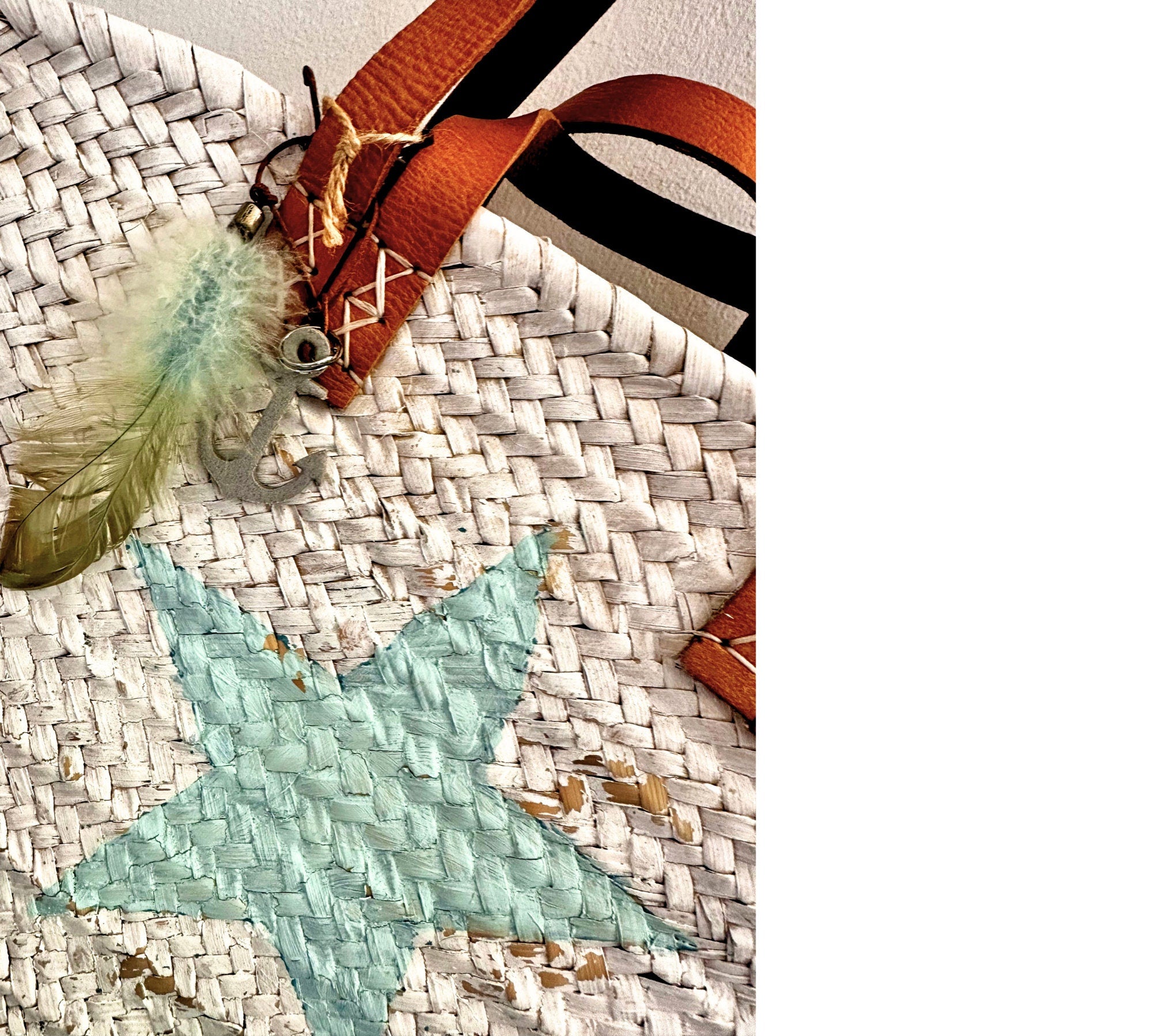 Weiße Basttasche | Strohtasche handbemalt | Stern türkis | Lederhenkel | Boho Strandtasche Hippie Look