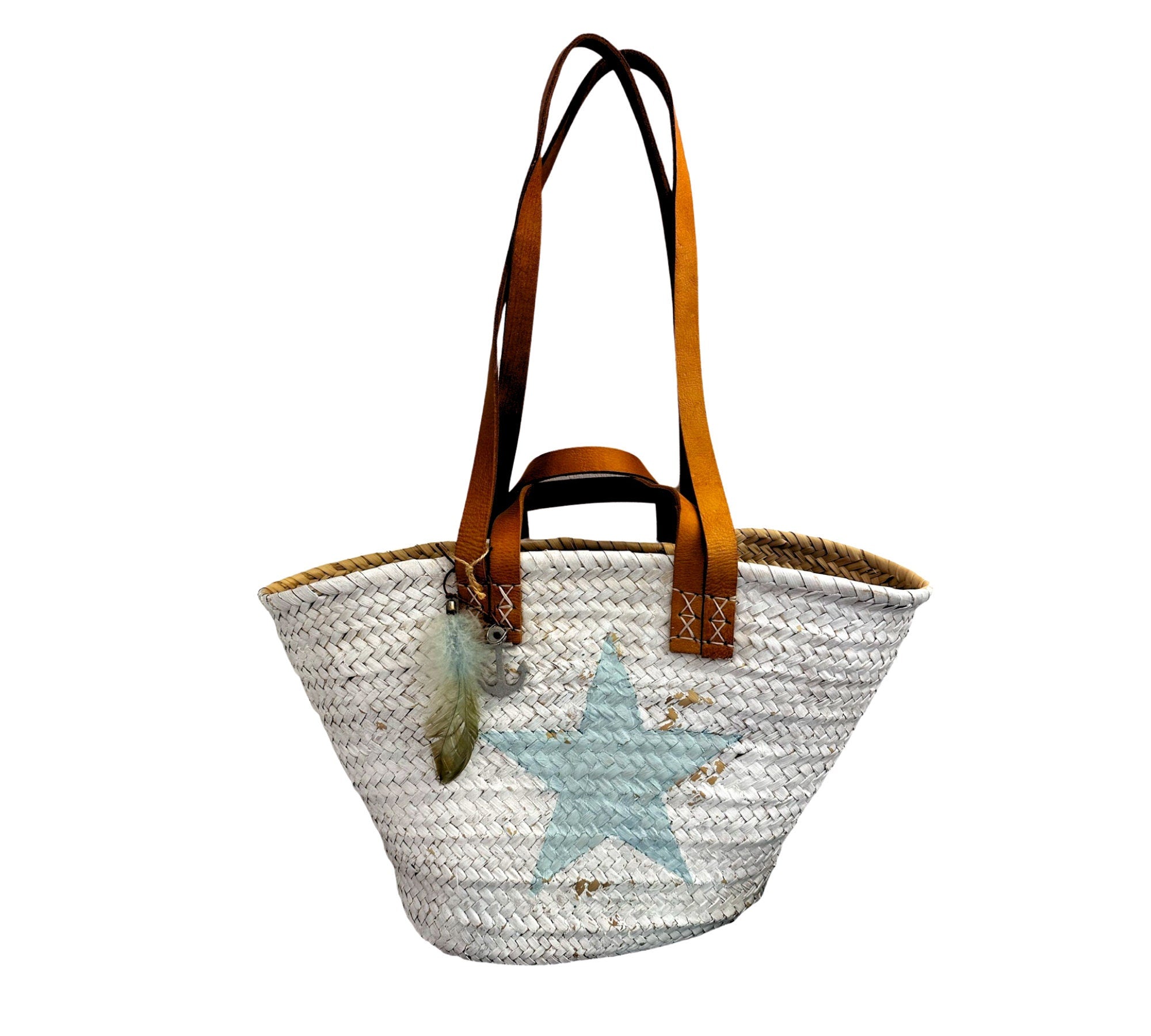 Weiße Basttasche | Strohtasche handbemalt | Stern türkis | Lederhenkel | Boho Strandtasche Hippie Look