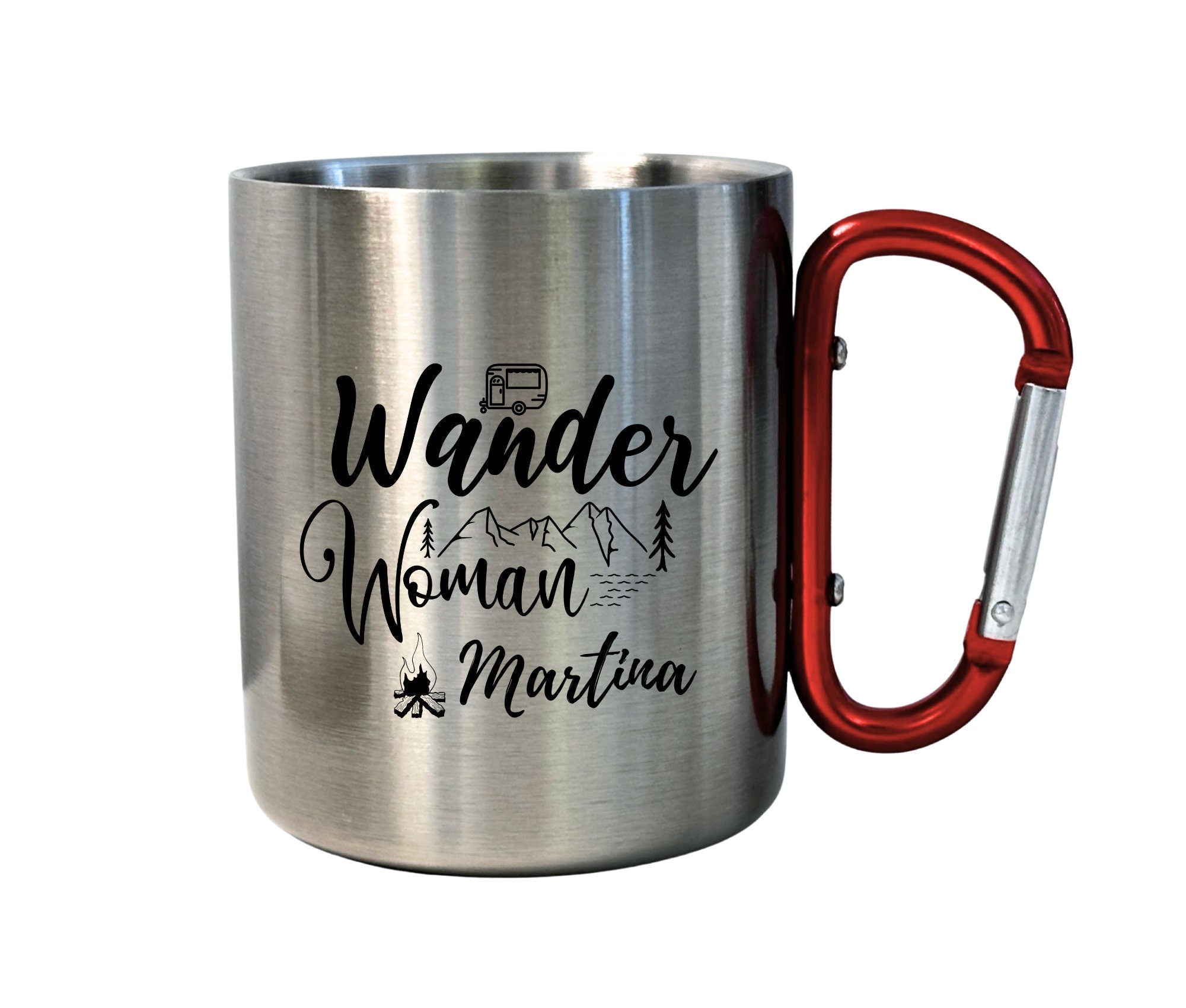 Karabinertasse | Personalisierbare Tasse für Camping Wandern Bergsteigen | Wander Woman | Edelstahltasse mit Karabiner | Karabinertasse