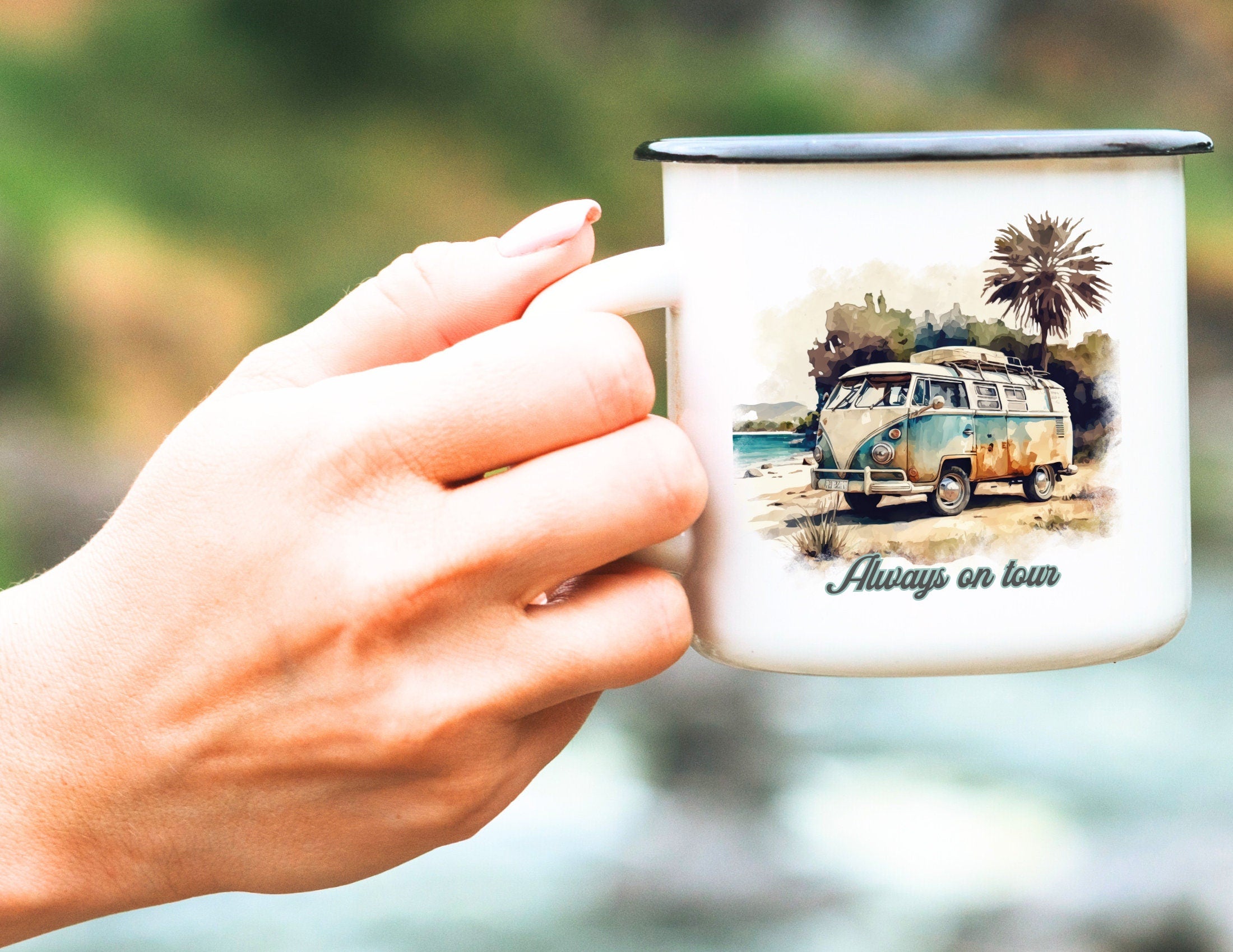 Emaille Tasse | Camping | personalisiert | Retro VW-Bulli