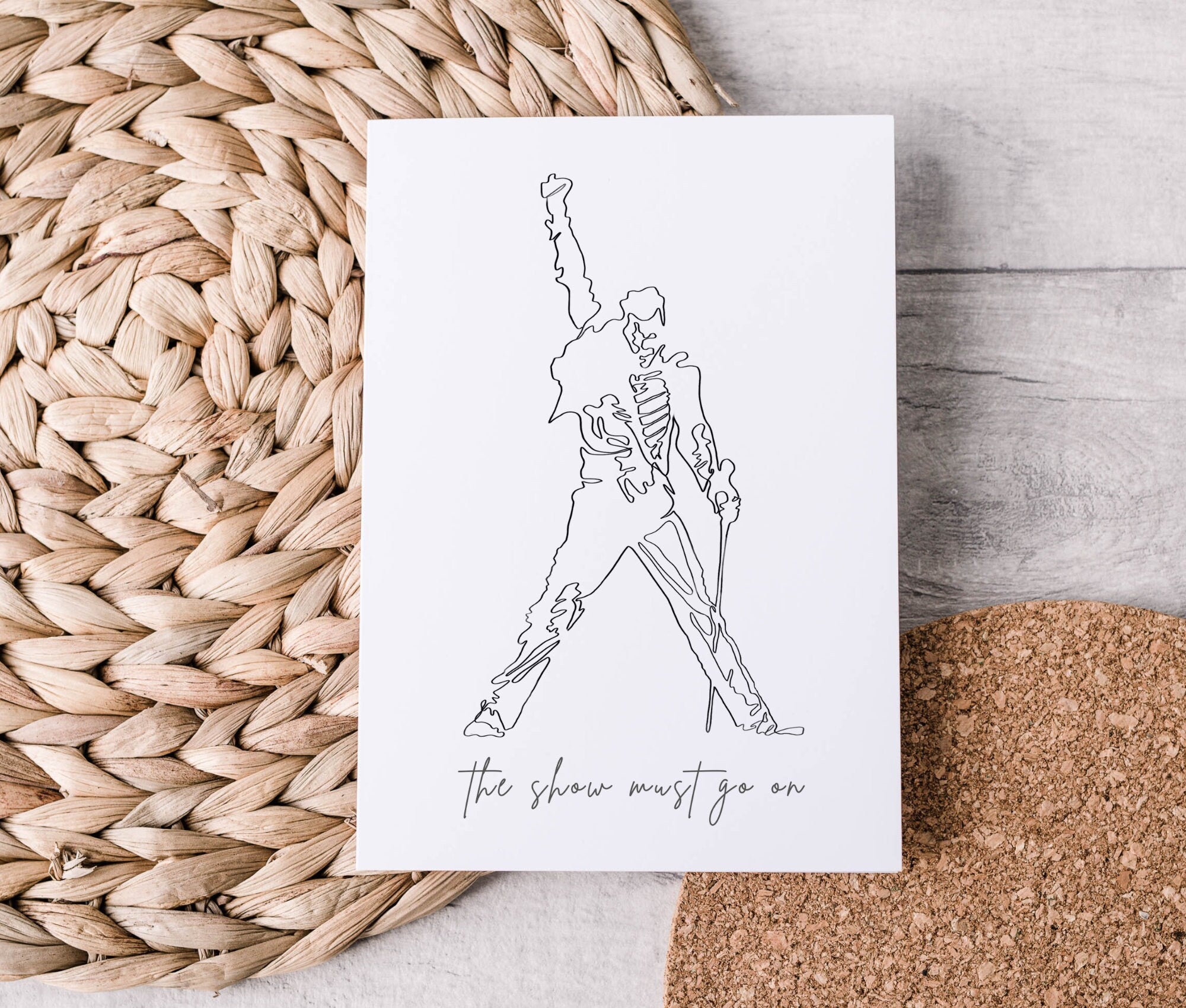 Karte | Freddie Mercury | The Show must go on | One Line Art | A6 | Kraftpapierumschlag