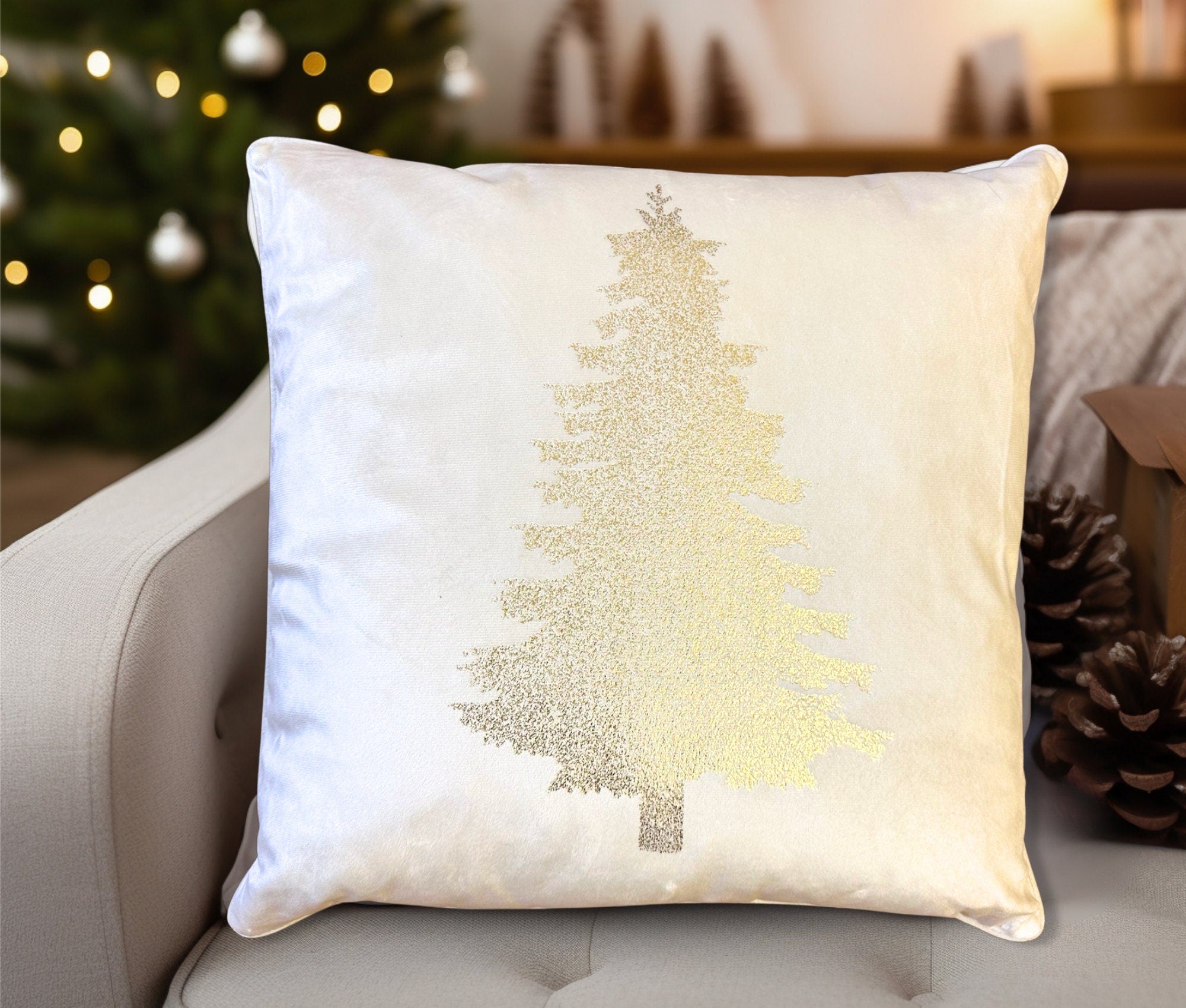 Kissen | Weihnachten | Tanne | Christmas | Samt creme gold