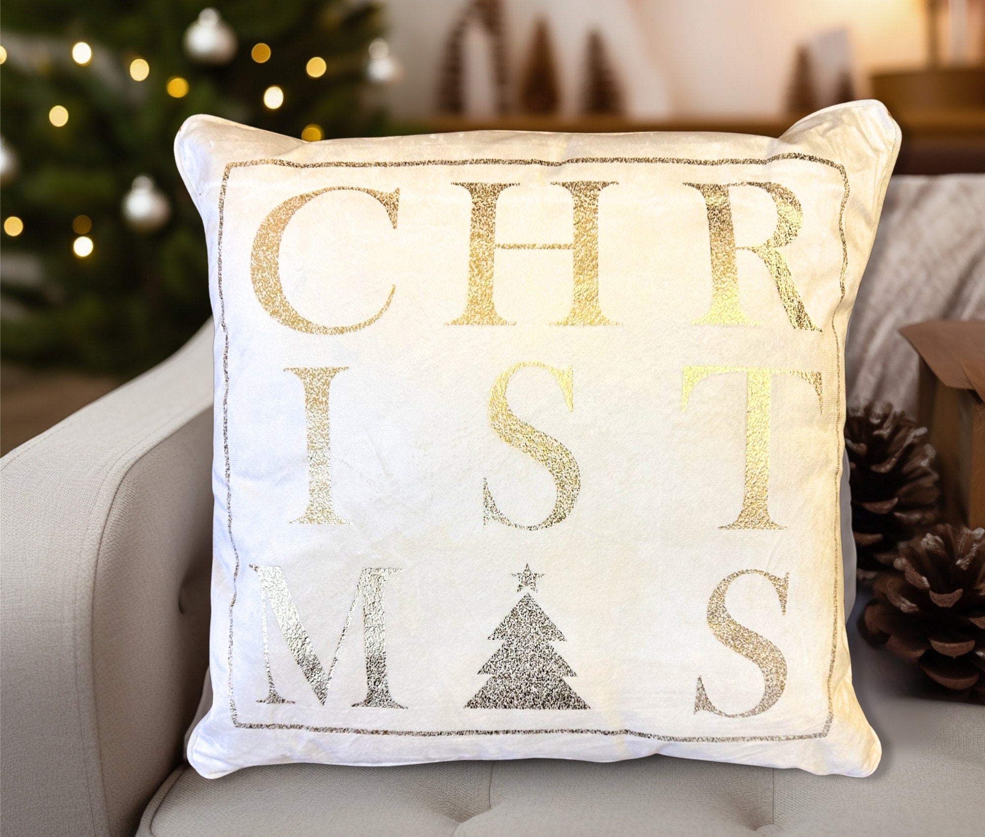 Kissen | Weihnachten | Tanne | Christmas | Samt creme gold