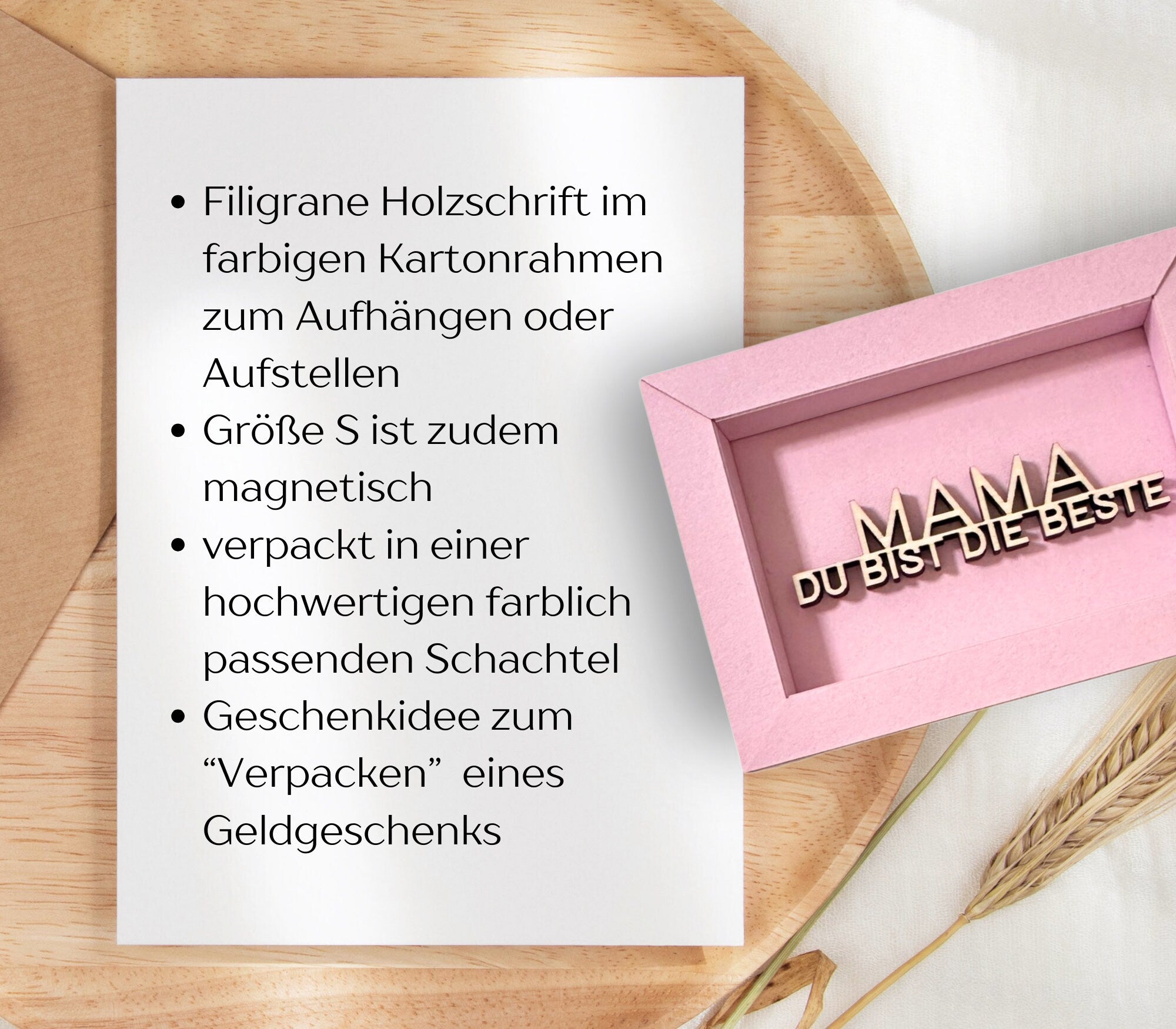 Mama | Schriftzug aus Holz | 3D-Karte Bild mit filigraner Holzschrift | rosa pink, grau | Muttertag
