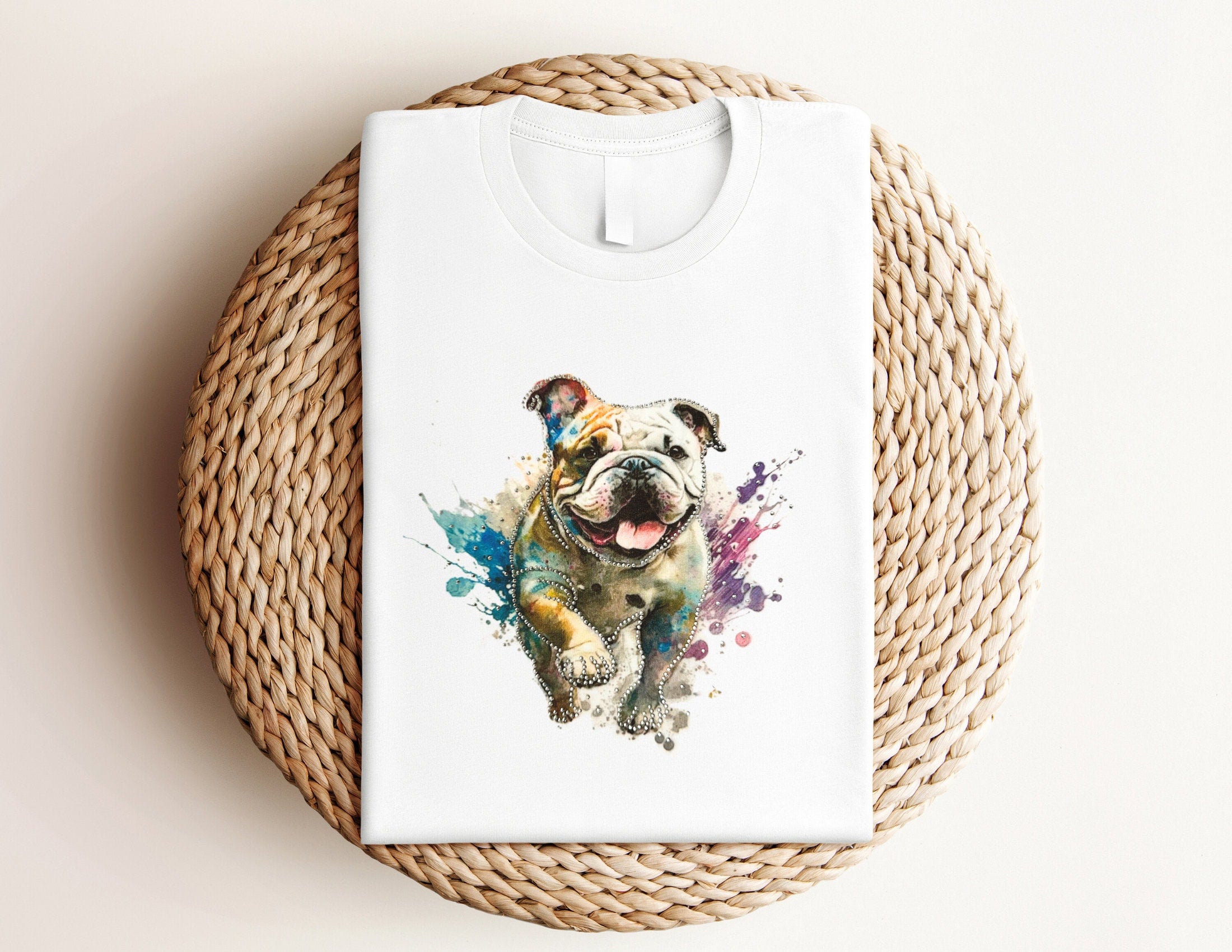 T-Shirt | Bunte Bulldogge mit Glitzer | Strass | weiß