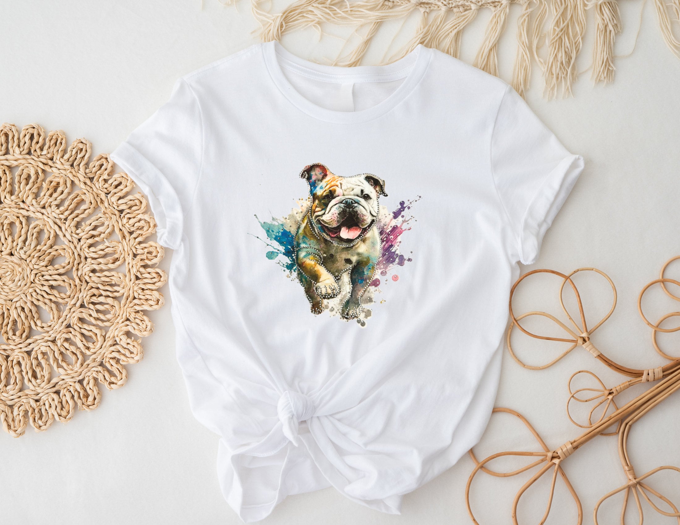 T-Shirt | Bunte Bulldogge mit Glitzer | Strass | weiß