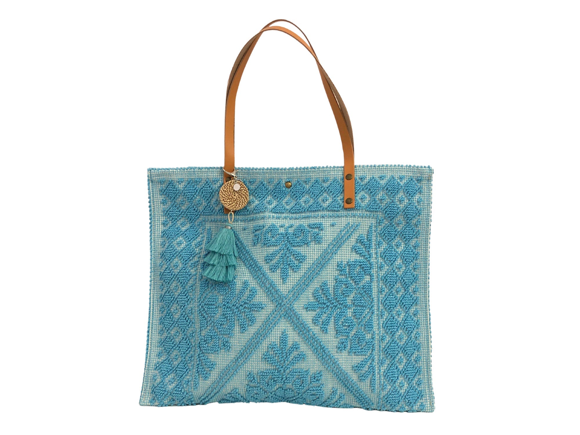 Baumwolltasche | Beach Bag | Tasche | Einkaufstasche | Strandtasche | Bast Anhänger | Quasten | Lederhenkel | Leder in beige oder türkis