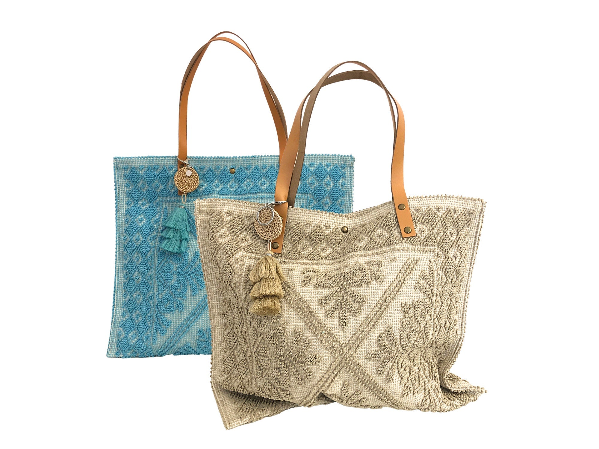 Baumwolltasche | Beach Bag | Tasche | Einkaufstasche | Strandtasche | Bast Anhänger | Quasten | Lederhenkel | Leder in beige oder türkis