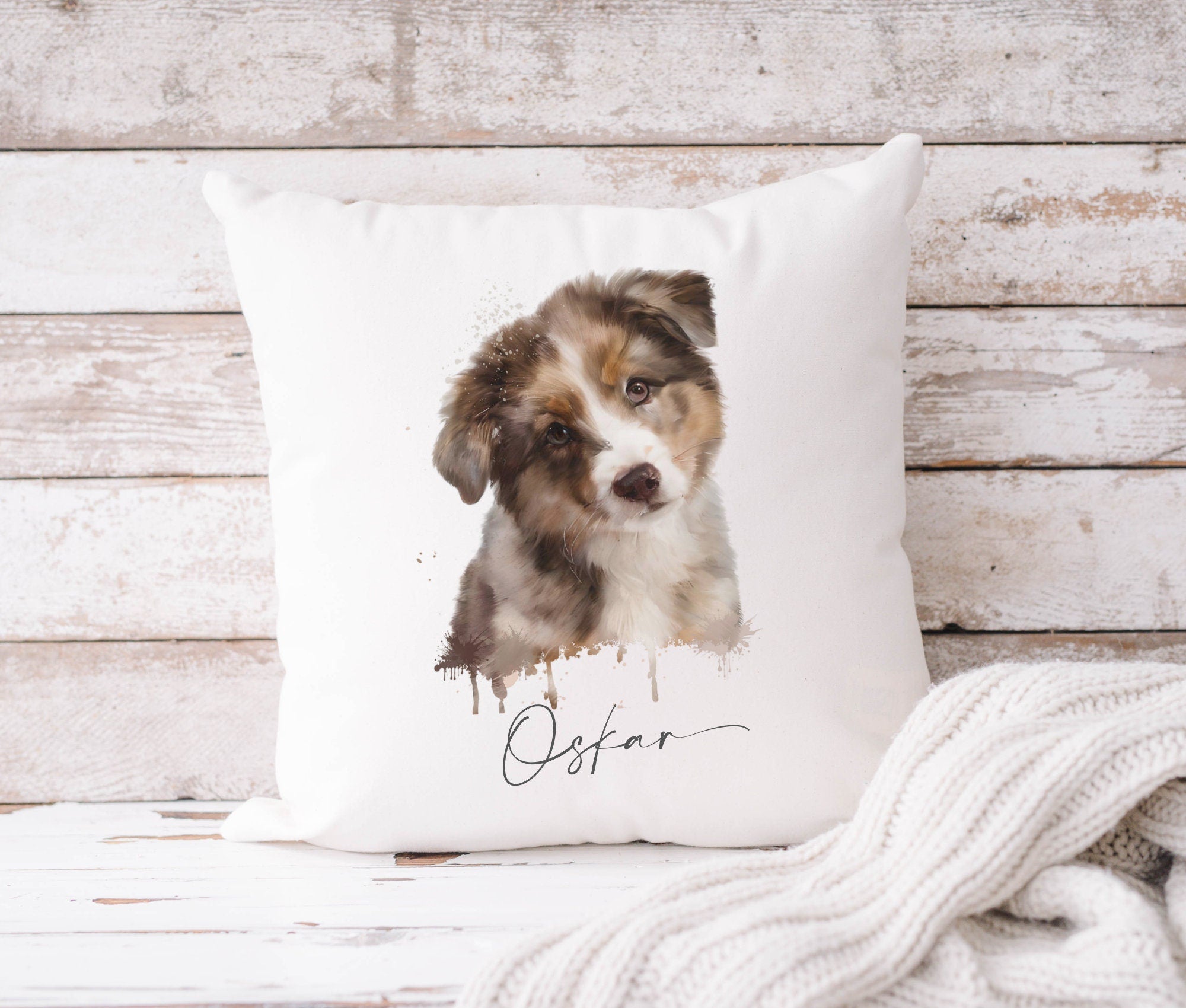 Kissen mit Aquarell von Deinem Hund nach Foto | weiß 40 x 40 cm