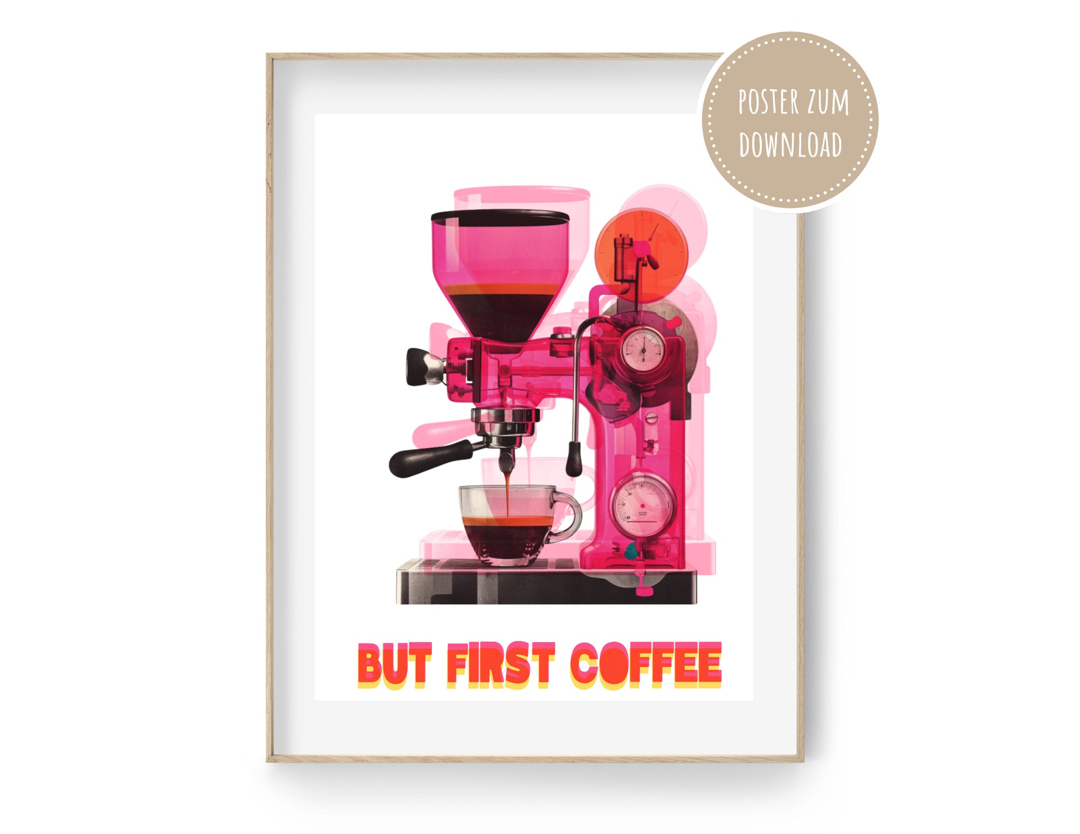 Poster Risographie | Riso Print | Kaffee Espressomaschine | But First Coffee | Digitaler Download