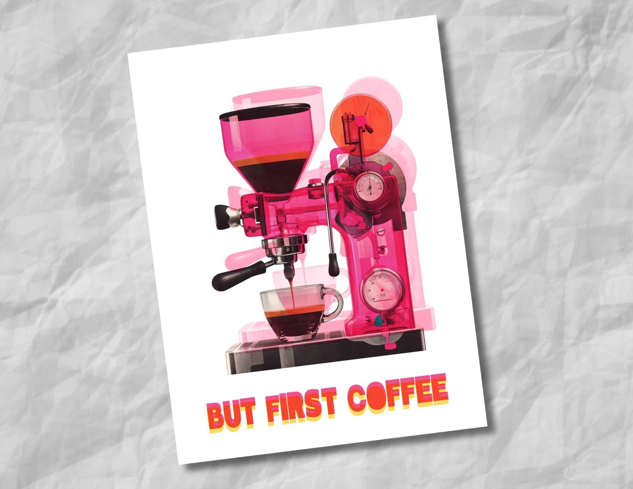 Poster Risographie | Riso Print | Kaffee Espressomaschine | But First Coffee | Digitaler Download