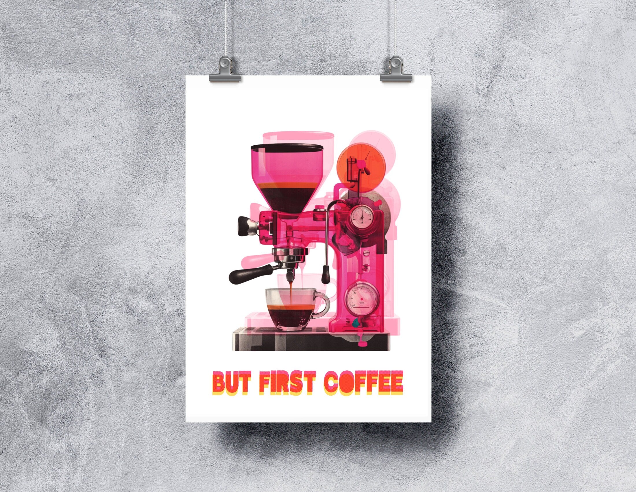 Poster Risographie | Riso Print | Kaffee Espressomaschine | But First Coffee | Digitaler Download