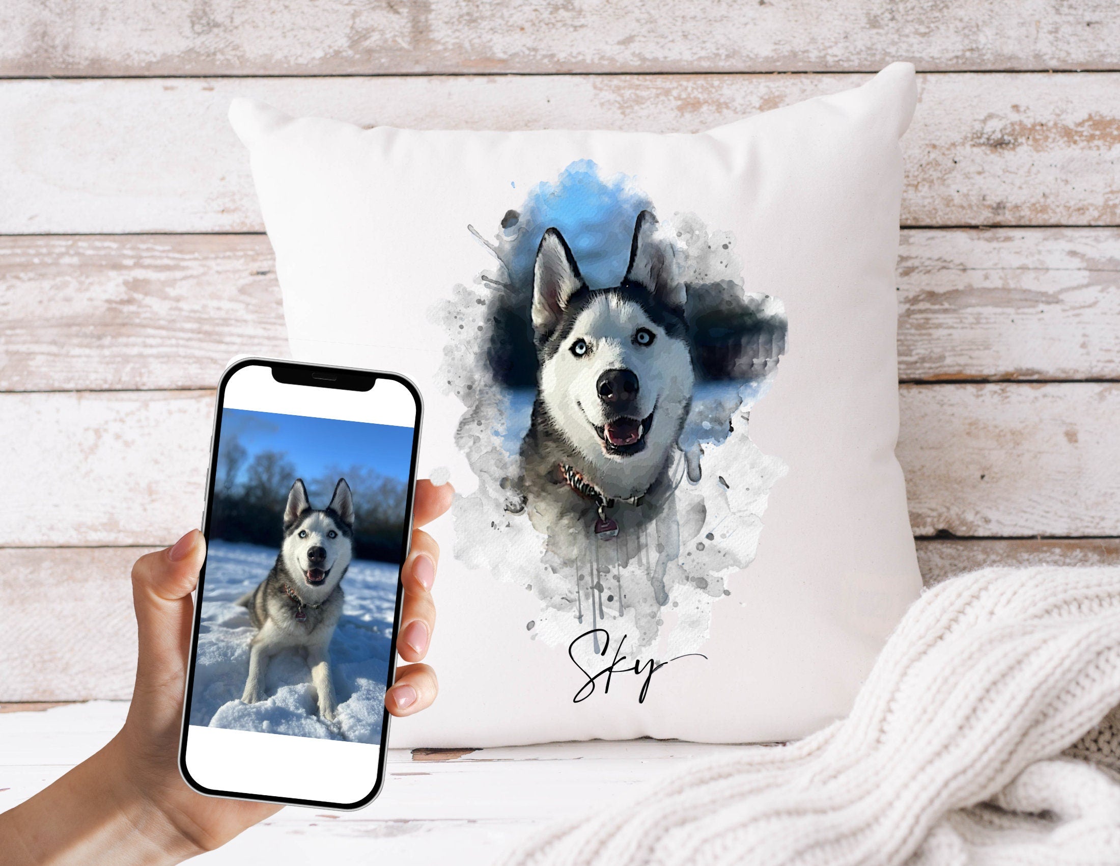Kissen mit Aquarell von Deinem Hund nach Foto | weiß 40 x 40 cm