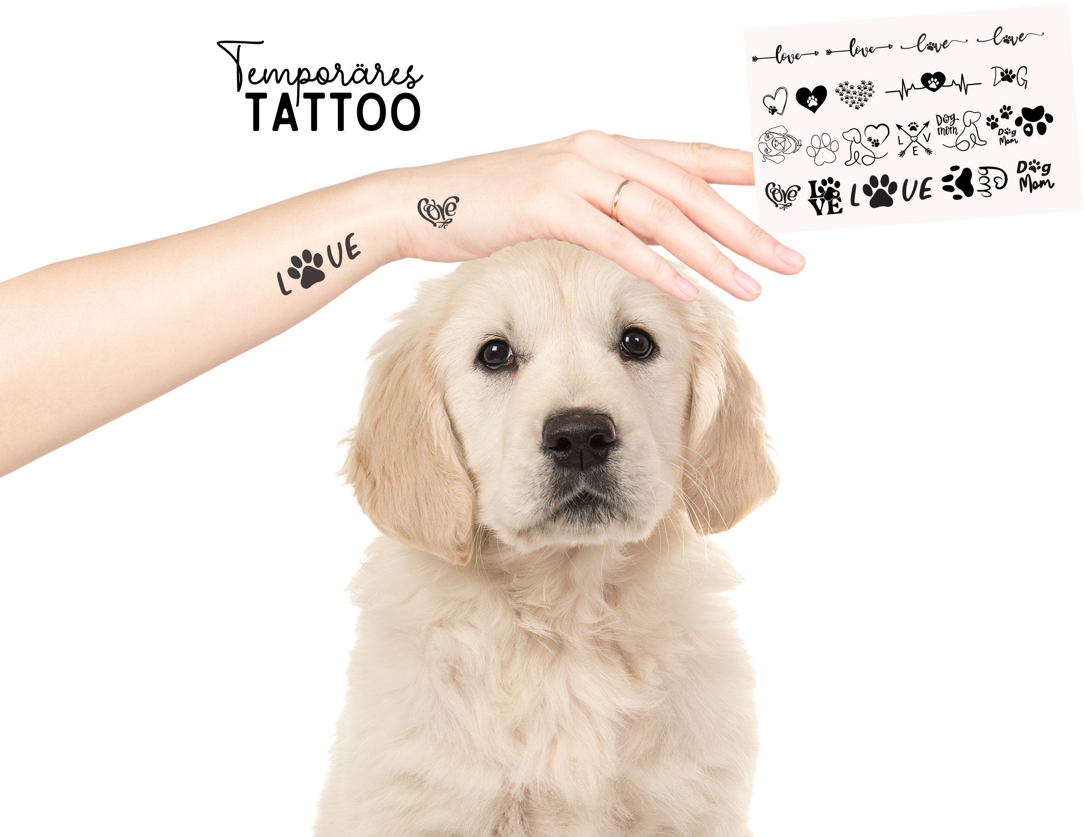 Hunde Tattoos | temporäre Tattoos | Set mit 24 Motiven | Dog Mom Hundepfote Herz Paw