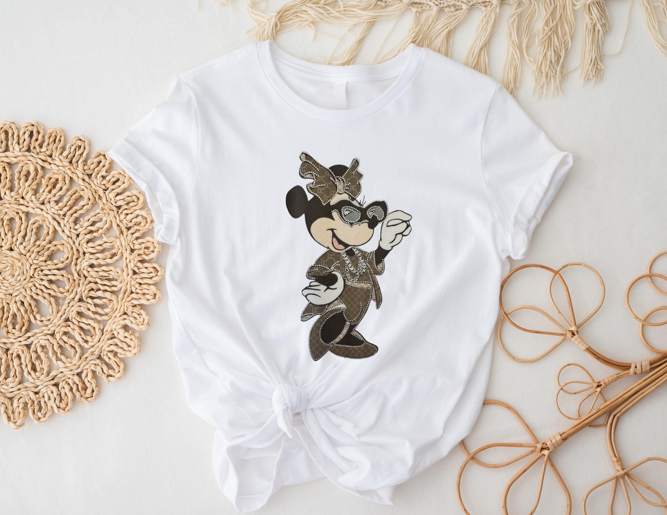 T-Shirt | Glitzer Minnie mit Sonnenbrille und Schleife | Strass | weiß