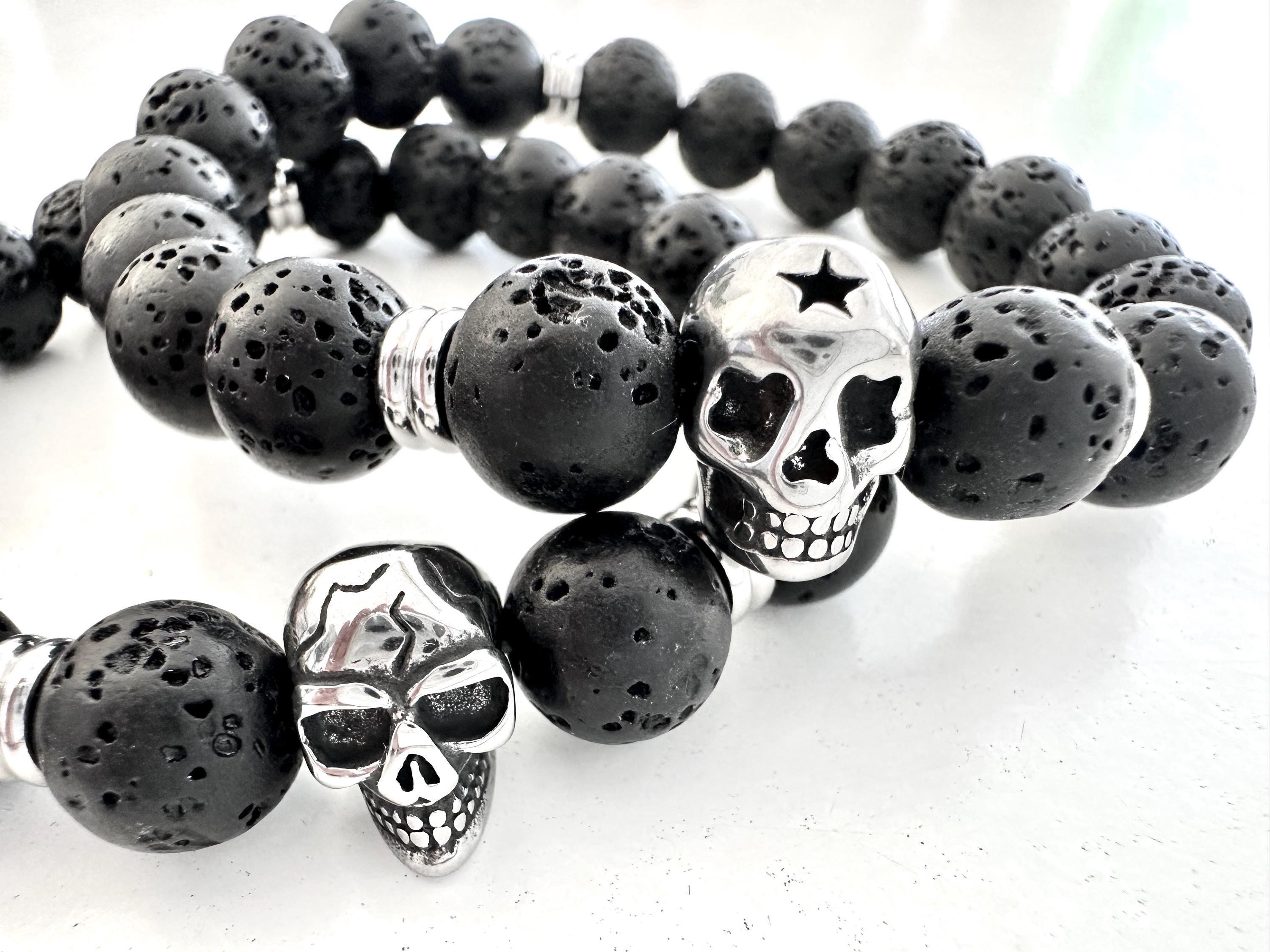 Armband | schwarze Lavaperlen mit Totenkopf | Schädel | Skull Lavaarmband | Männerarmband | Perlenarmband | Lava