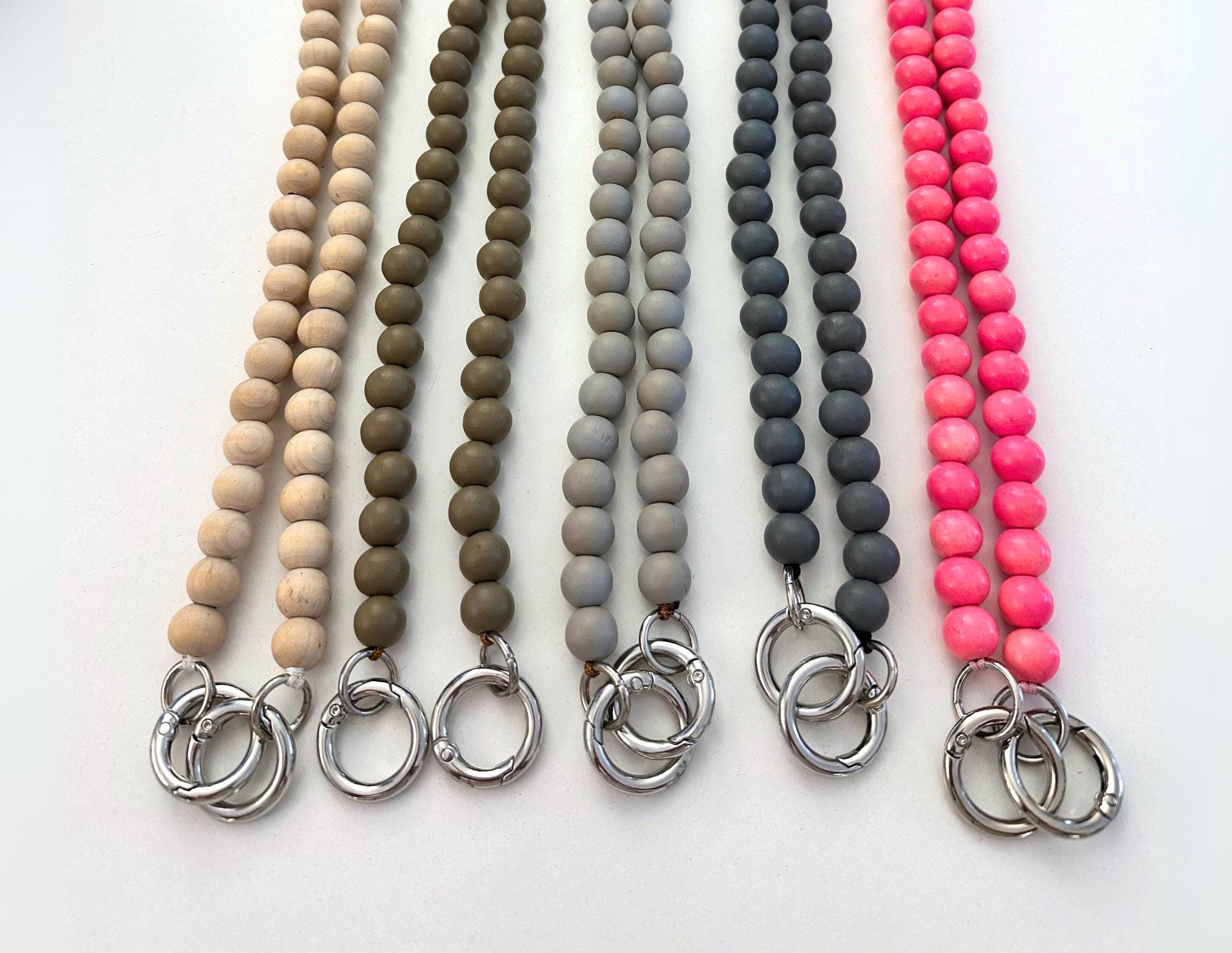 Handykette aus Holzperlen | Perlenschnur Band Mobiltelefon pink, grau, beige, khaki, dunkelgrau