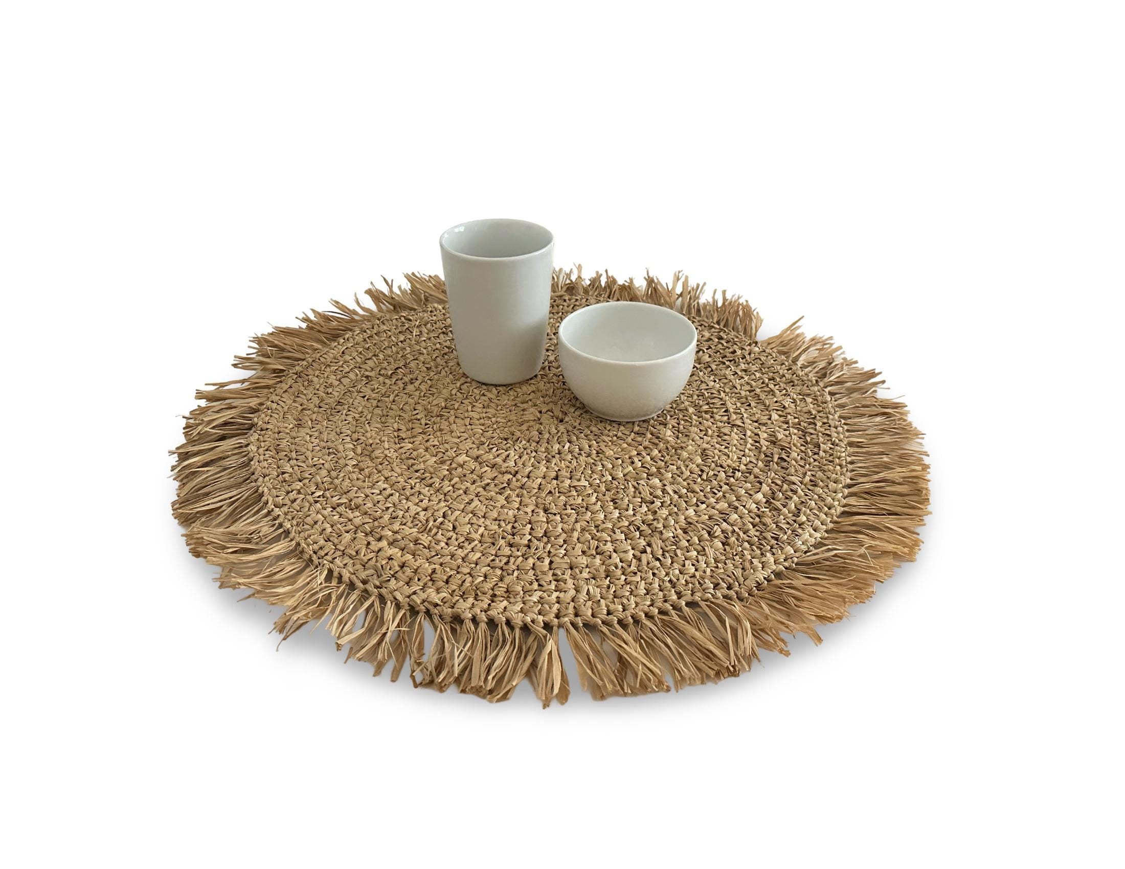 Großes Boho Tisch Set mit Fransen | Bast, rundes geflochtenes Set | Deko 50 cm Durchmesser