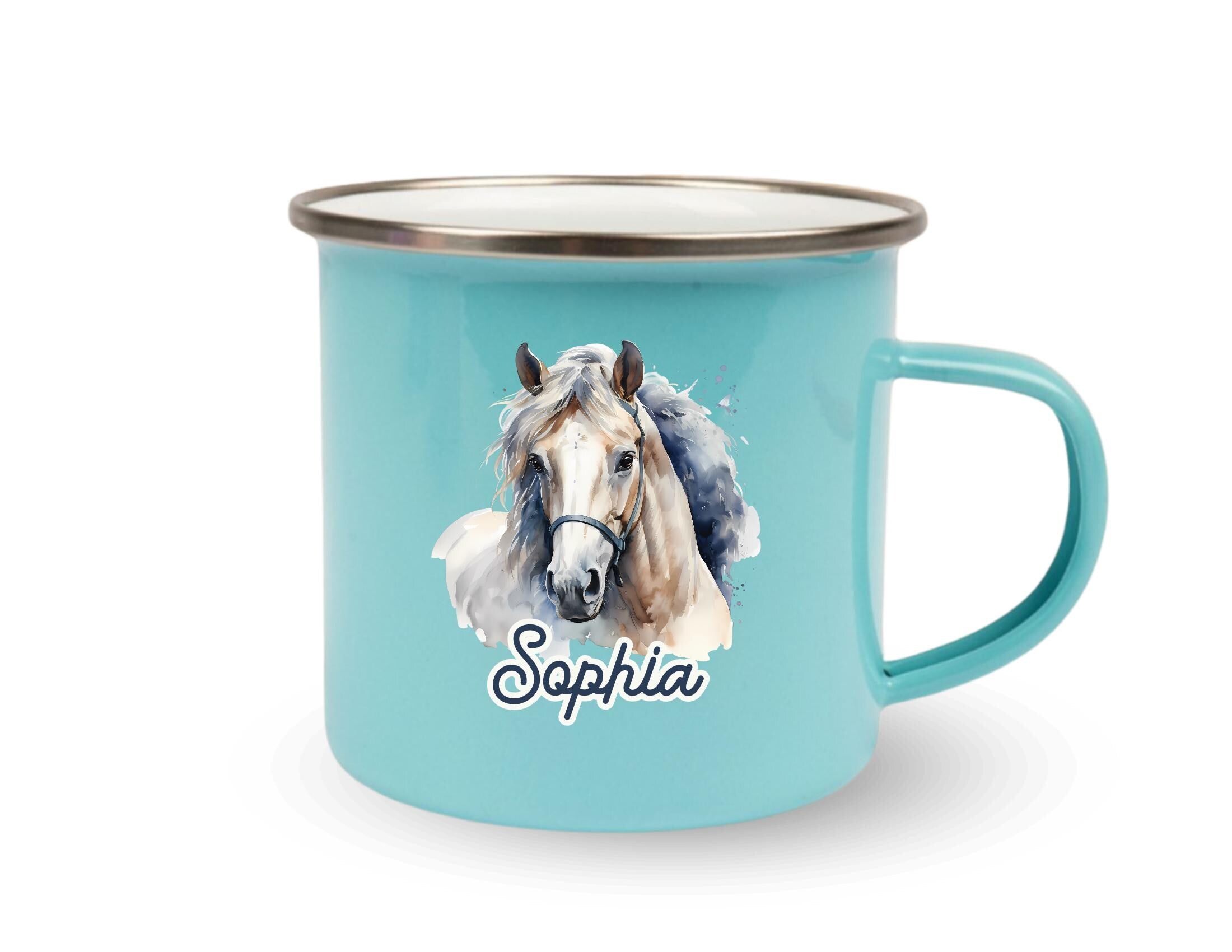 Emaille Tasse | Pferd | Emaillebecher personalisiert | rosa, mint oder weiß | Pferdemotiv | Name Kindertasse