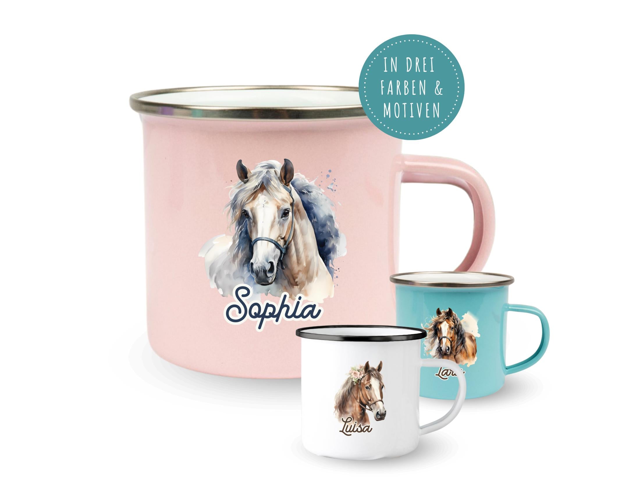 Emaille Tasse | Pferd | Emaillebecher personalisiert | rosa, mint oder weiß | Pferdemotiv | Name Kindertasse