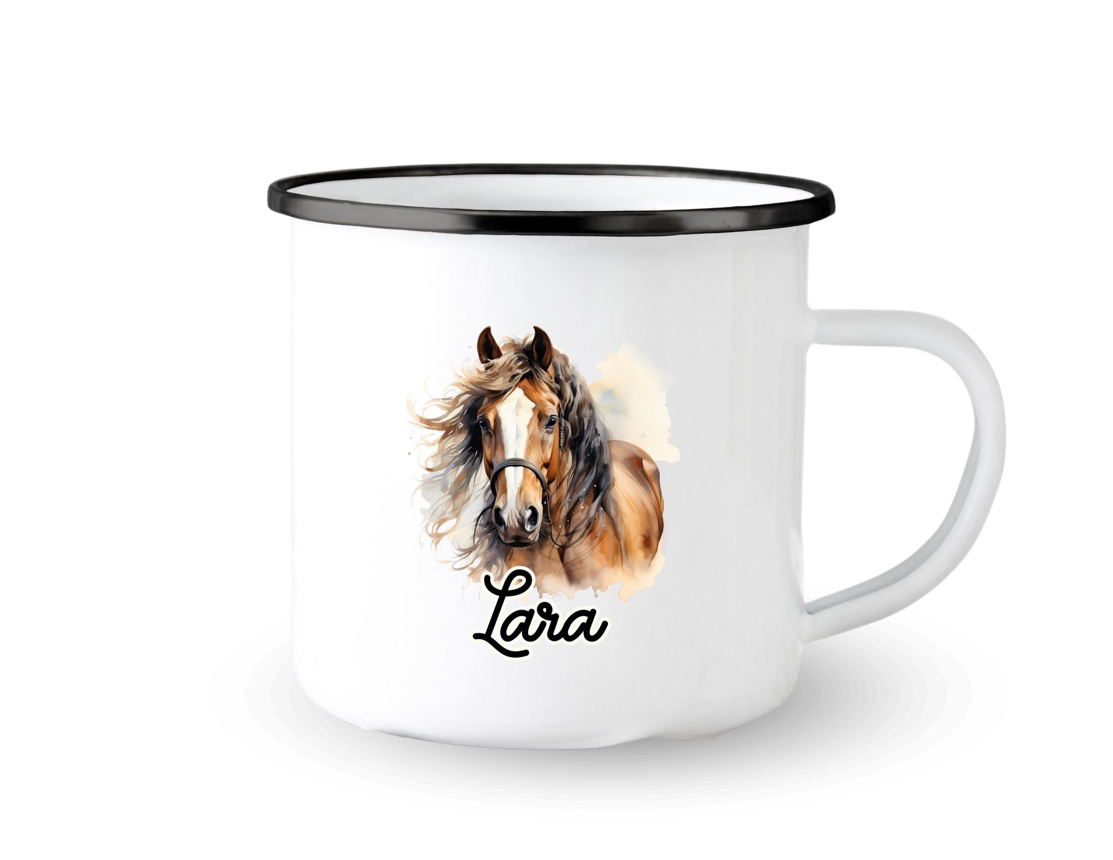 Emaille Tasse | Pferd | Emaillebecher personalisiert | rosa, mint oder weiß | Pferdemotiv | Name Kindertasse