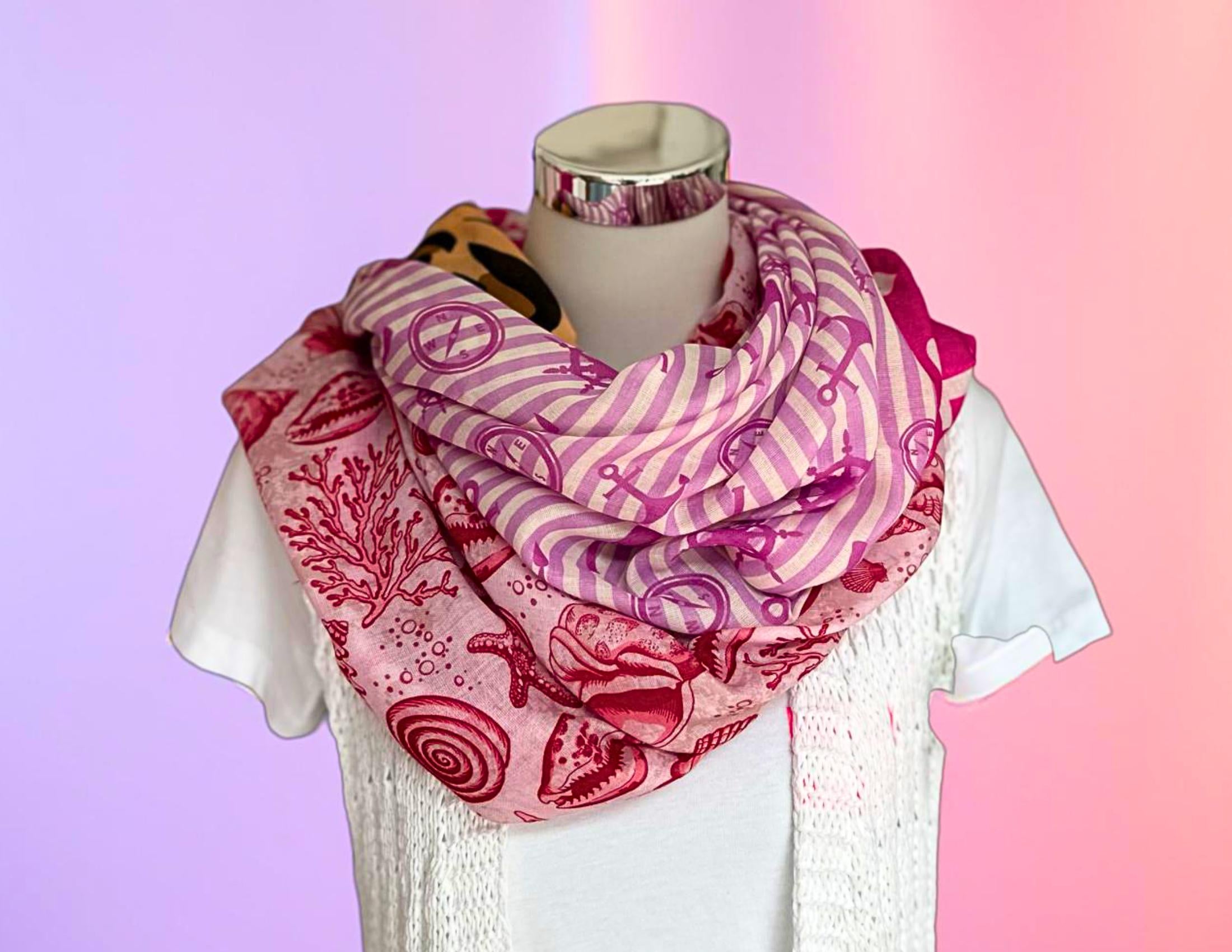 Tuch | Maritime Element | Leo| Anker | Seestern | Viskosetuch | leichtes Sommertuch mit drei Mustern in pink braun