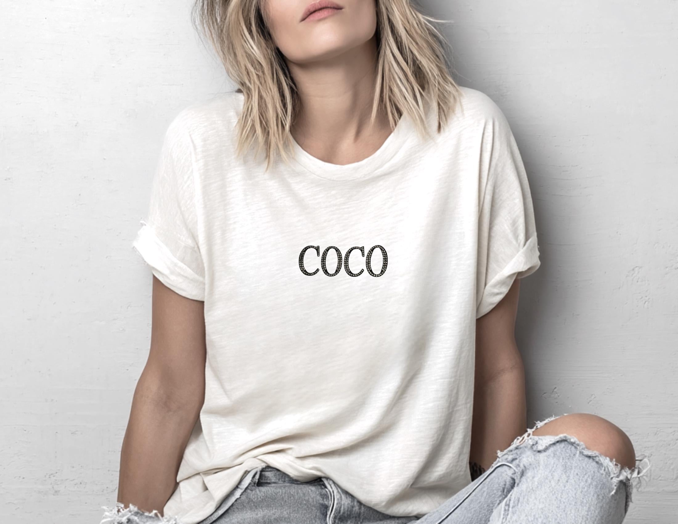 T-Shirt | COCO | Glitzer | Strass Buchstaben | weiß