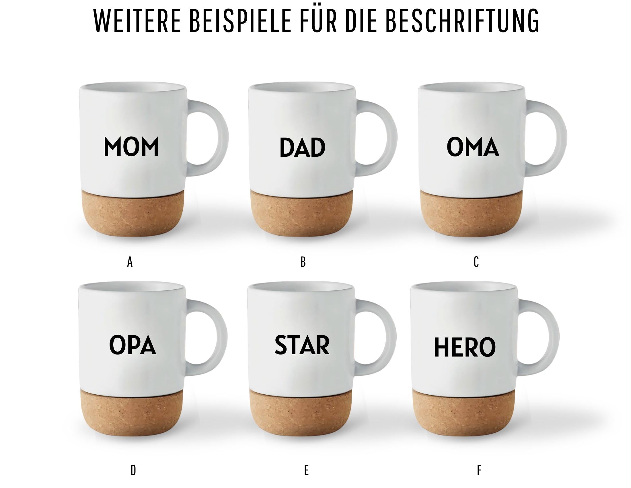 Tasse mit Kork | Mom, Dad, Oma, Opa | Keramiktasse Muttertag Vatertag | Smile, Happy, Hero, Love, Rock, Punk, Dream, Relax