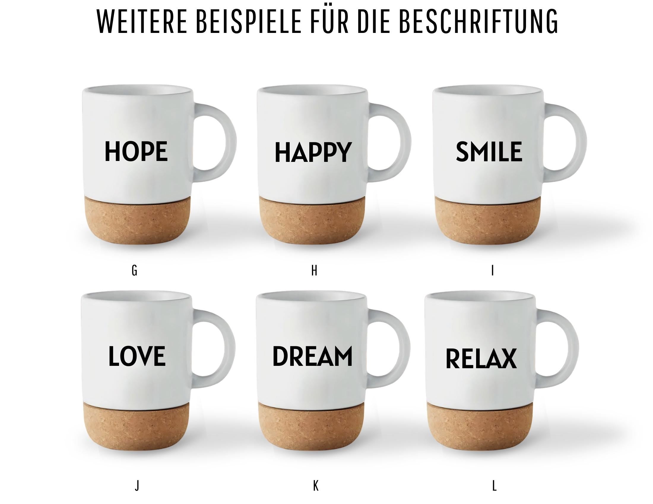 Tasse mit Kork | Mom, Dad, Oma, Opa | Keramiktasse Muttertag Vatertag | Smile, Happy, Hero, Love, Rock, Punk, Dream, Relax