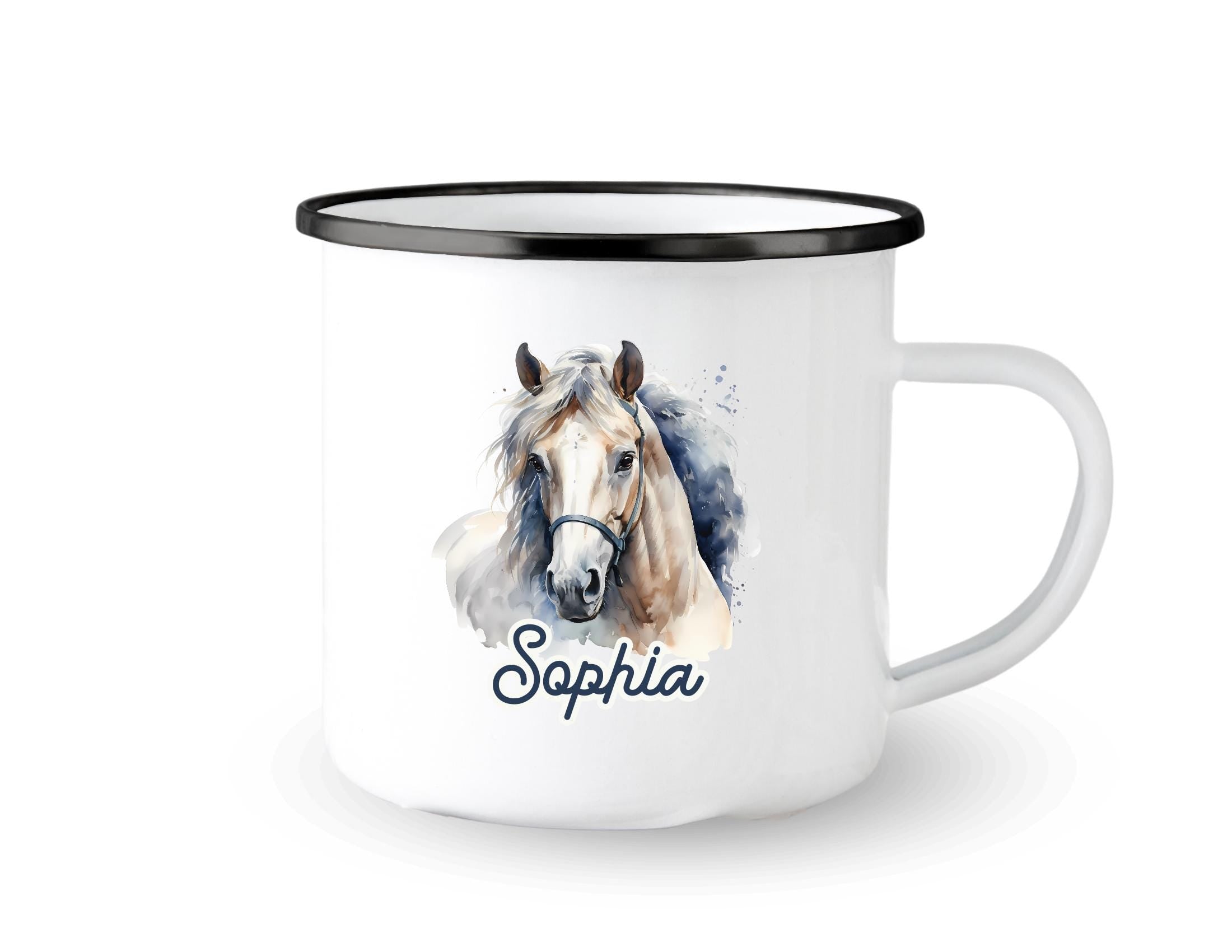 Emaille Tasse | Pferd | Emaillebecher personalisiert | rosa, mint oder weiß | Pferdemotiv | Name Kindertasse