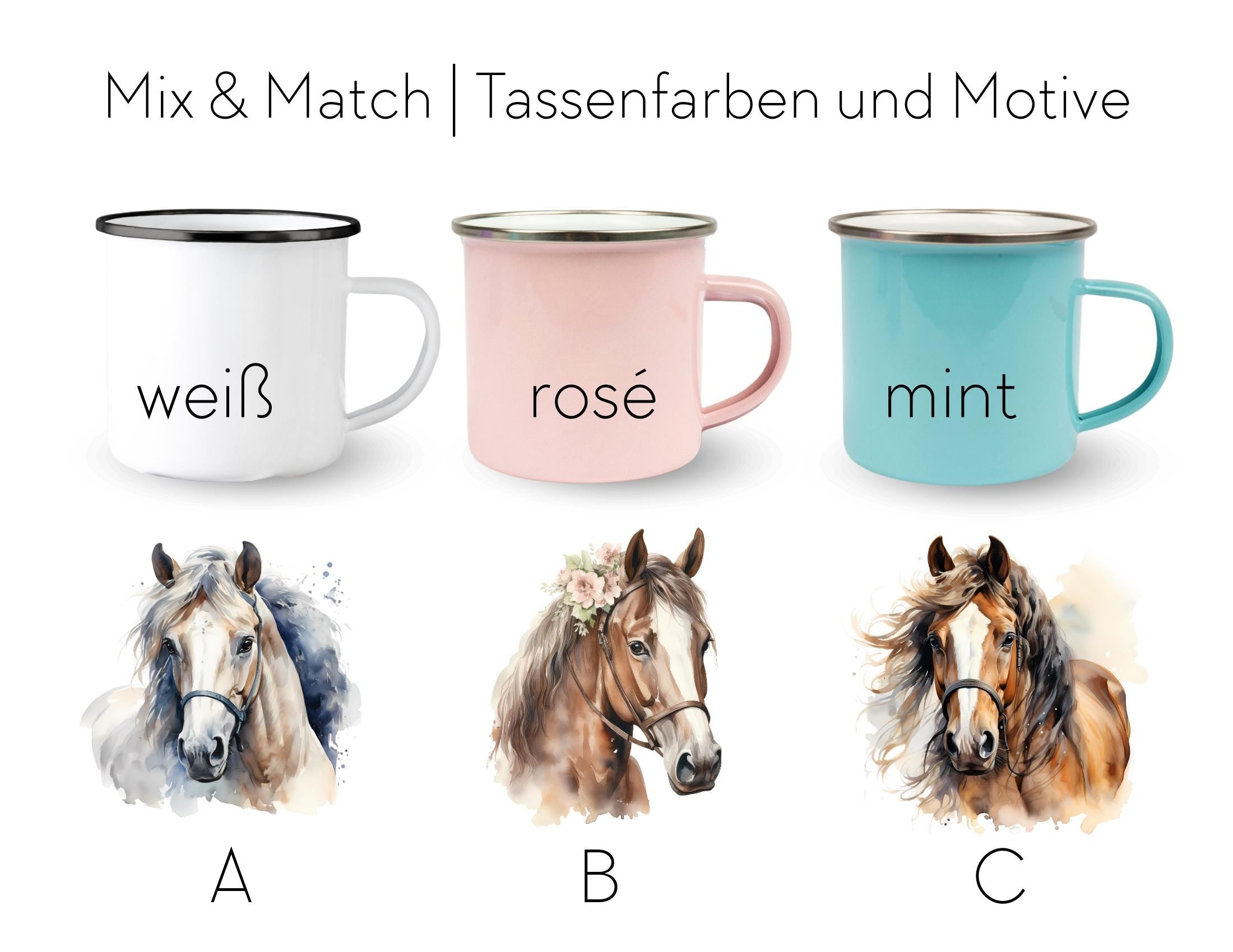 Emaille Tasse | Pferd | Emaillebecher personalisiert | rosa, mint oder weiß | Pferdemotiv | Name Kindertasse