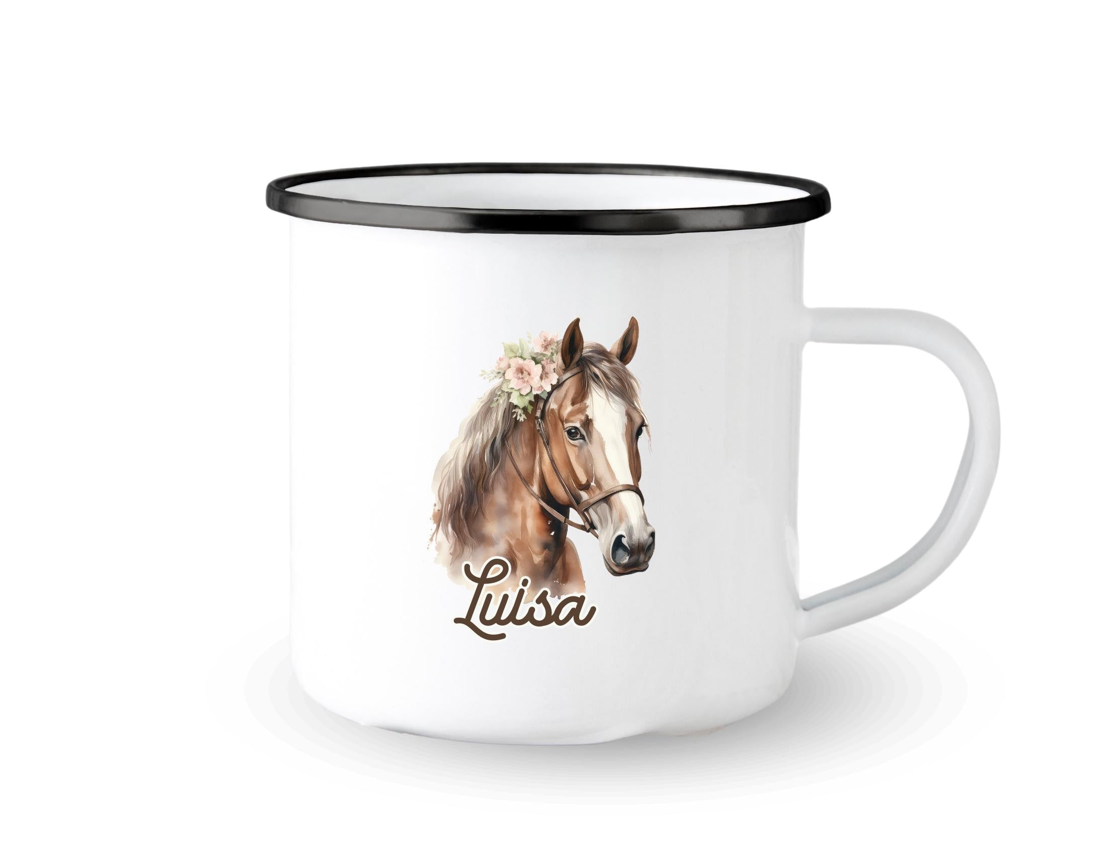 Emaille Tasse | Pferd | Emaillebecher personalisiert | rosa, mint oder weiß | Pferdemotiv | Name Kindertasse