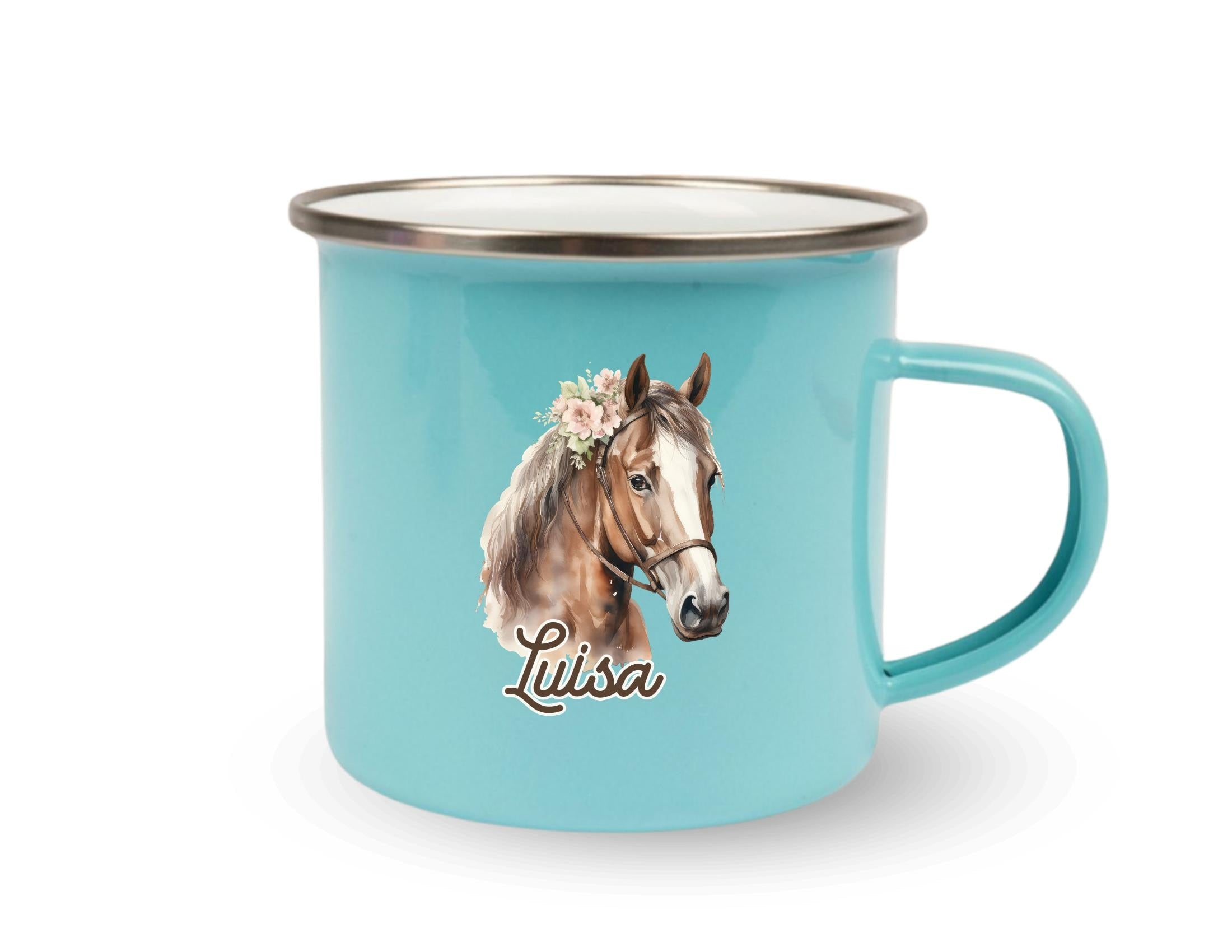 Emaille Tasse | Pferd | Emaillebecher personalisiert | rosa, mint oder weiß | Pferdemotiv | Name Kindertasse