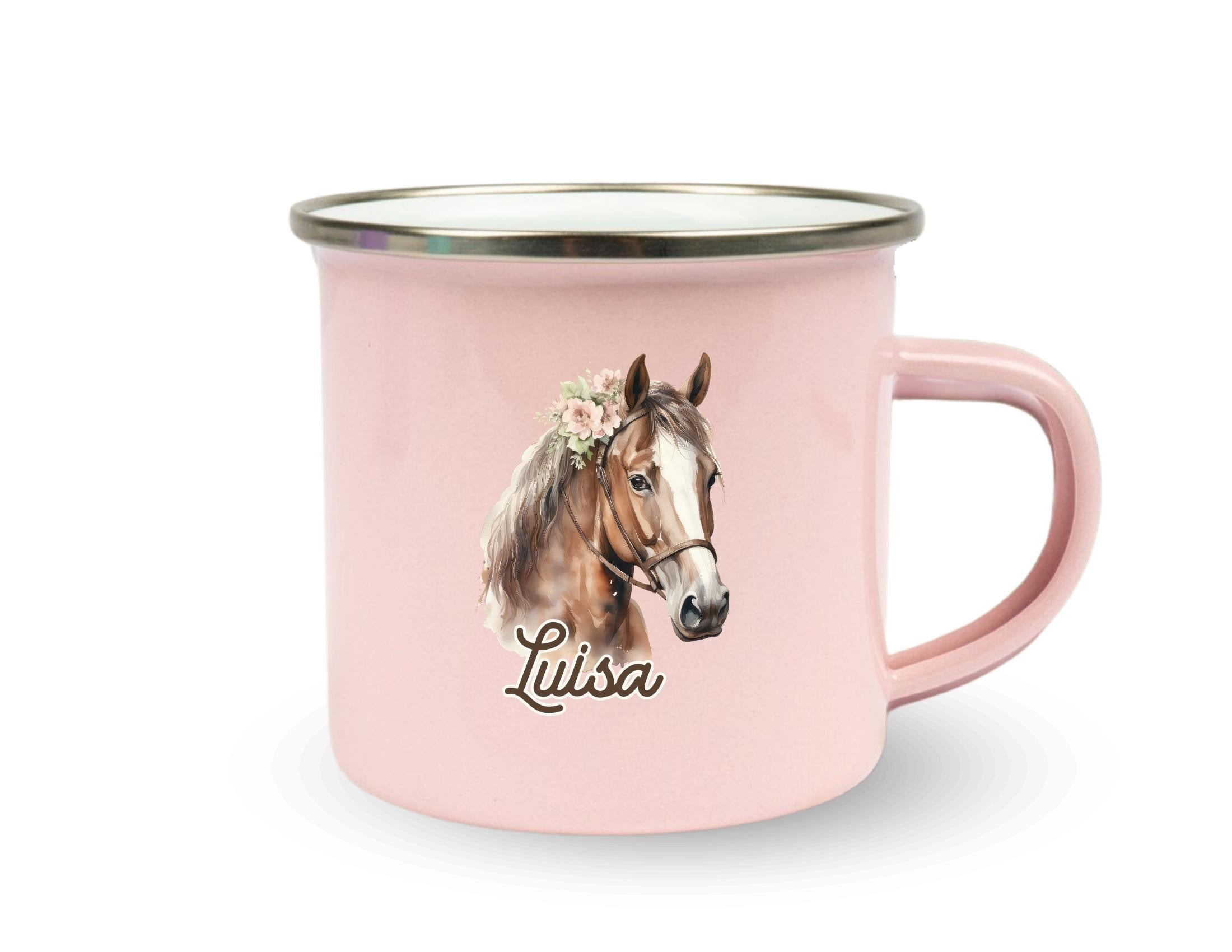 Emaille Tasse | Pferd | Emaillebecher personalisiert | rosa, mint oder weiß | Pferdemotiv | Name Kindertasse