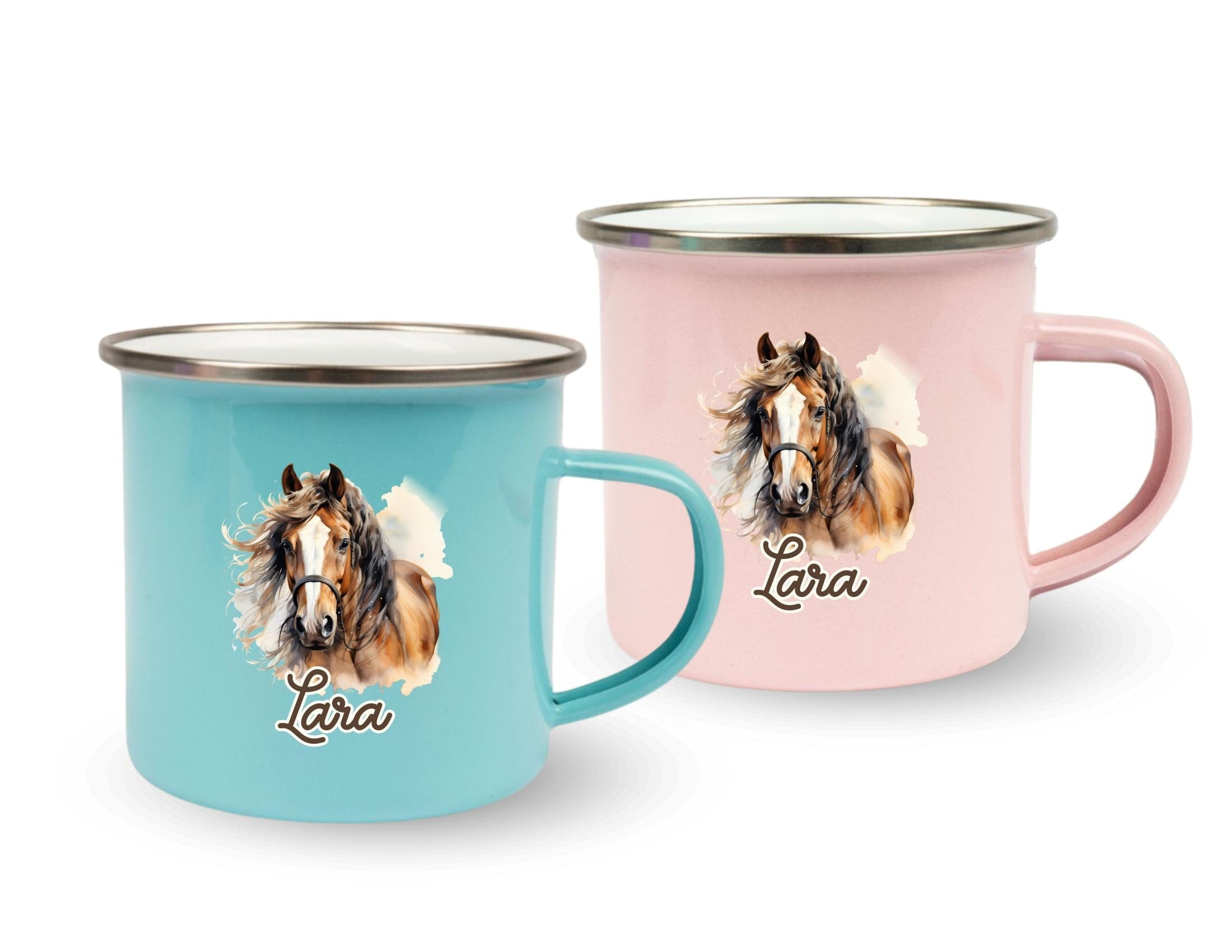 Emaille Tasse | Pferd | Emaillebecher personalisiert | rosa, mint oder weiß | Pferdemotiv | Name Kindertasse