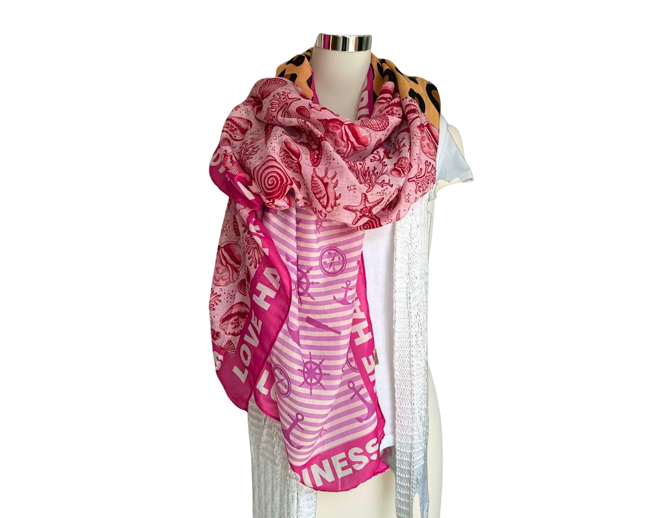 Tuch | Maritime Element | Leo| Anker | Seestern | Viskosetuch | leichtes Sommertuch mit drei Mustern in pink braun