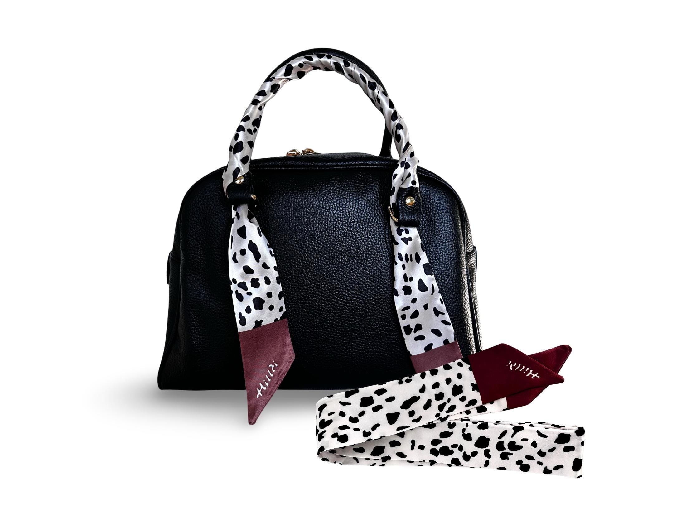 Twilly: seidiges Band | schmaler Schal in weiß mit schwarzen Flecken für Handtasche, als Halstuch oder Armband | Dalmatiner