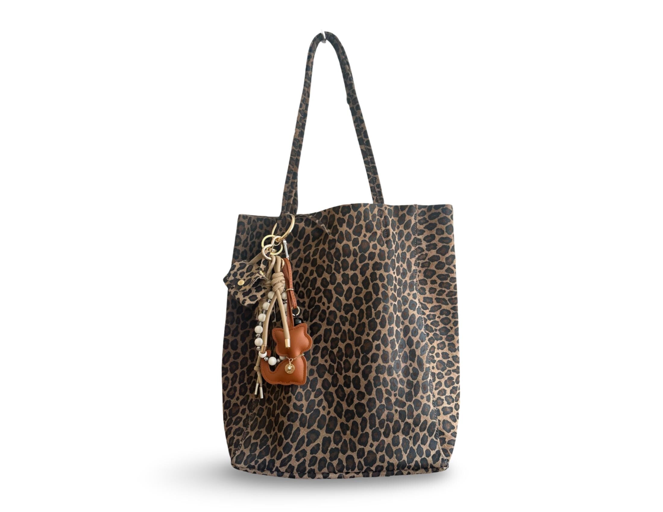 Leo Tasche aus Leder | Leopard | große Umhängetasche | Shopper Animal Print Leo Look | Anhänger Bag Charm Leotasche Katze