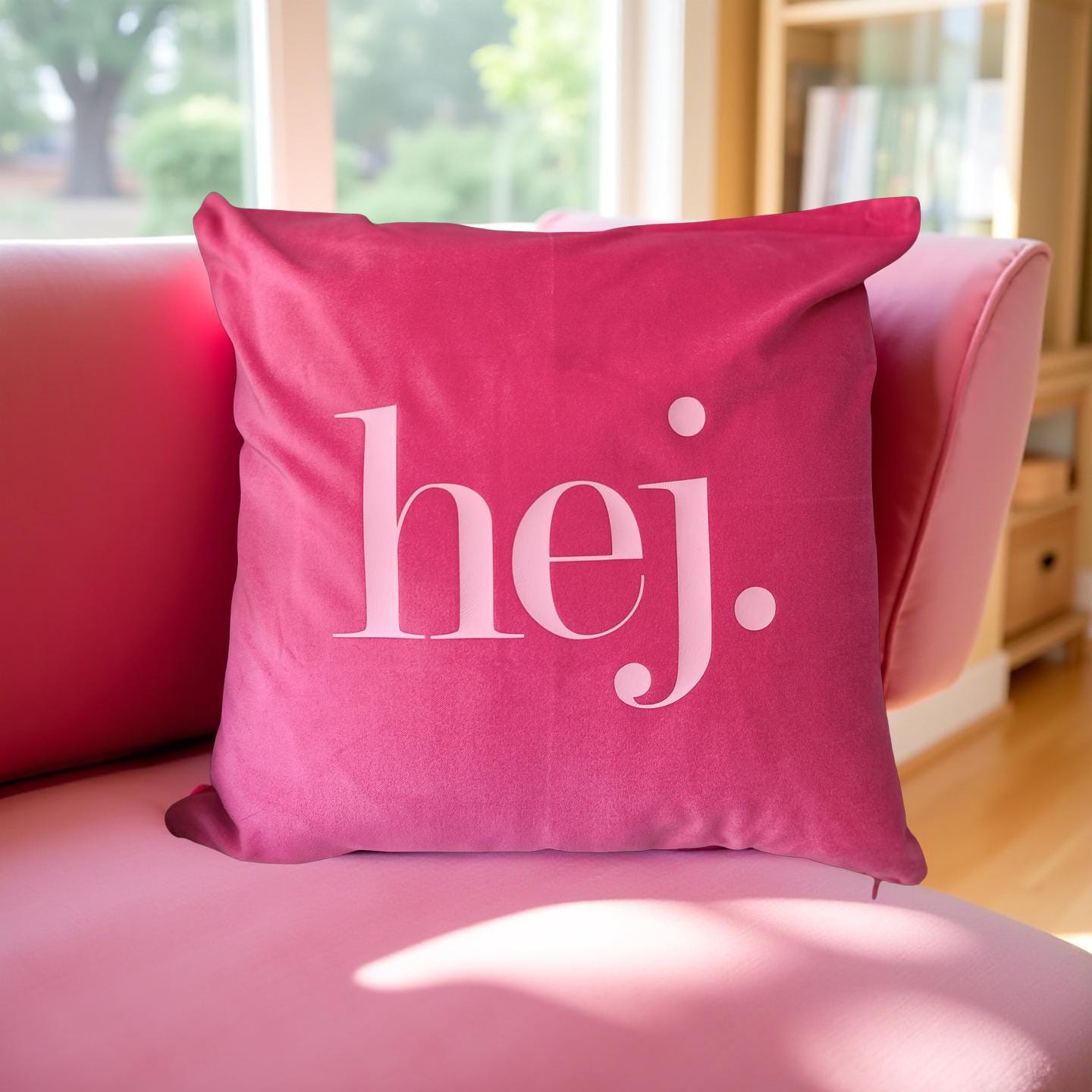 Kissen HEJ! | pinkes Samtkissen | Baumwolle Kissenbezug | 50 x 50 cm | Samt pink rosa