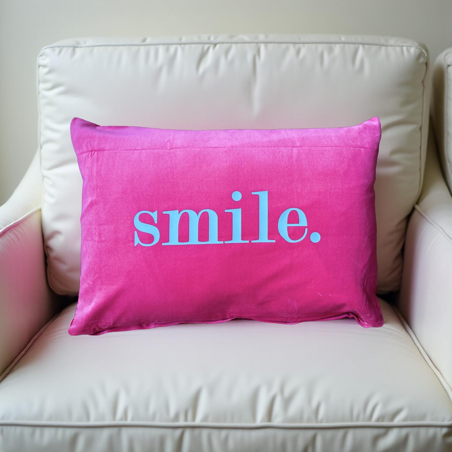 Kissen | smile. | pinkes Samtkissen Querformat | Baumwolle Kissenbezug | 40 x 58 cm | Samt pink blau
