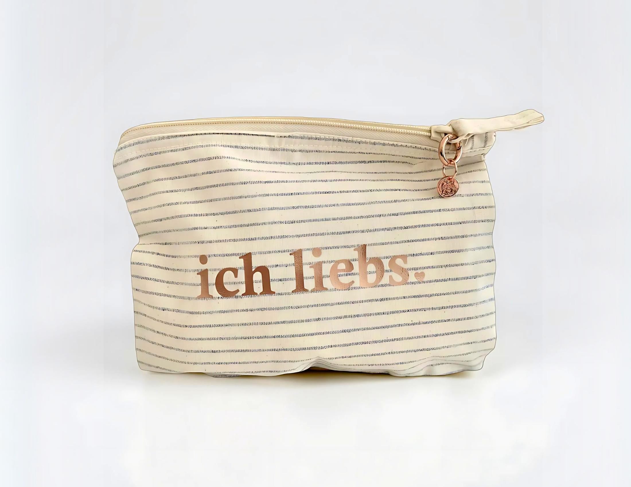 Kosmetiktasche | ich liebs. | kleine gestreifte Schminktasche | Schriftfarbe roségold | Geschenk Freundin