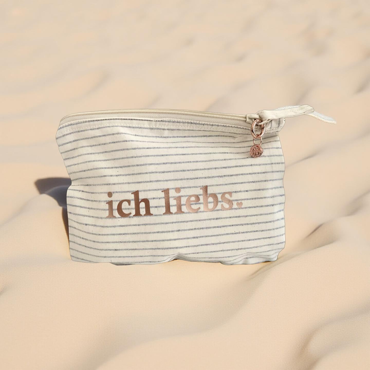 Kosmetiktasche | ich liebs. | kleine gestreifte Schminktasche | Schriftfarbe roségold | Geschenk Freundin