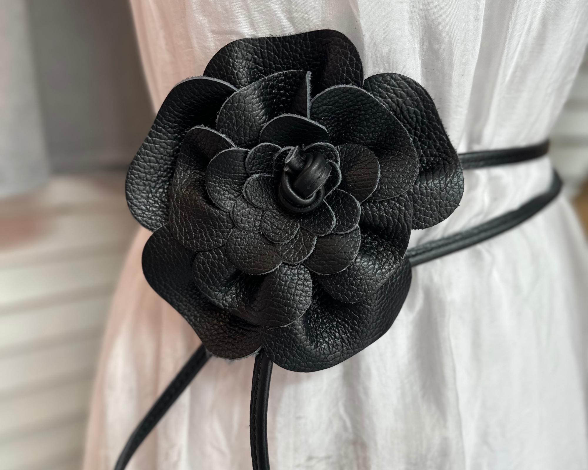 Blumen Leder Gürtel | Bindegürtel Blüte | große Lederblume | schwarz, gold, pink, taupe, flieder, silber, Leo, Khaki, Braun | echt Leder