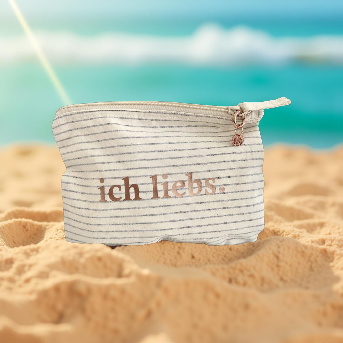 Kosmetiktasche | ich liebs. | kleine gestreifte Schminktasche | Schriftfarbe roségold | Geschenk Freundin