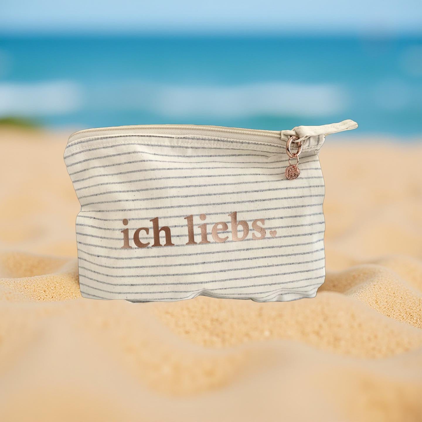 Kosmetiktasche | ich liebs. | kleine gestreifte Schminktasche | Schriftfarbe roségold | Geschenk Freundin