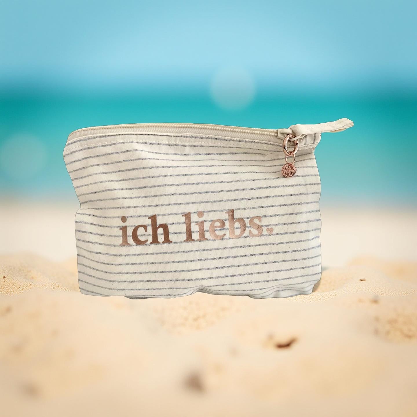 Kosmetiktasche | ich liebs. | kleine gestreifte Schminktasche | Schriftfarbe roségold | Geschenk Freundin
