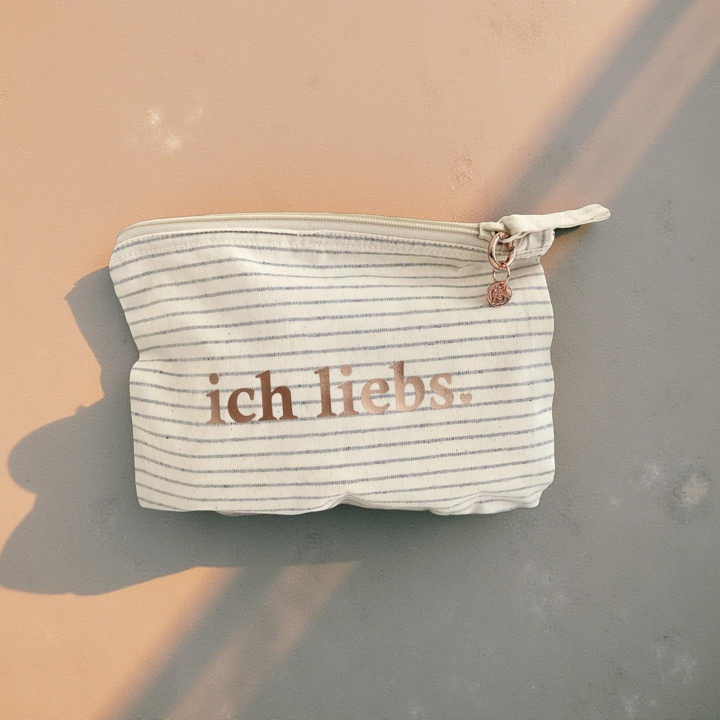 Kosmetiktasche | ich liebs. | kleine gestreifte Schminktasche | Schriftfarbe roségold | Geschenk Freundin