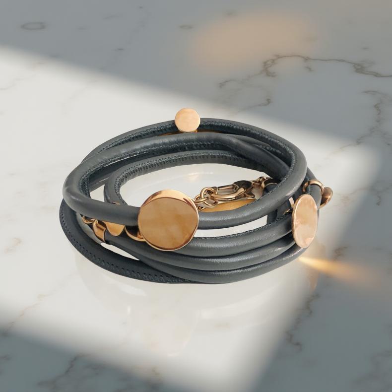 Edles Wickel Armband aus Leder | Anhänger roségold | in beige, grau oder schwarz