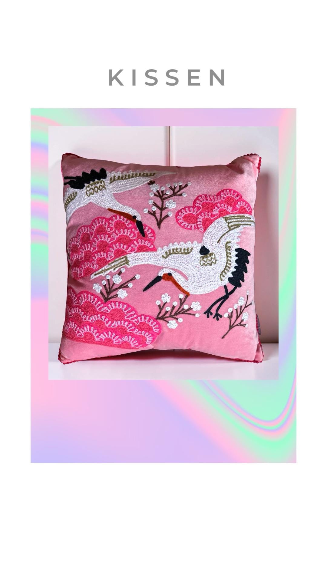 Kissen Vögel | pinkes besticktes Samtkissen | Baumwolle Kissenbezug | 45 x 45 cm | Samt pink rosa mit Füllung