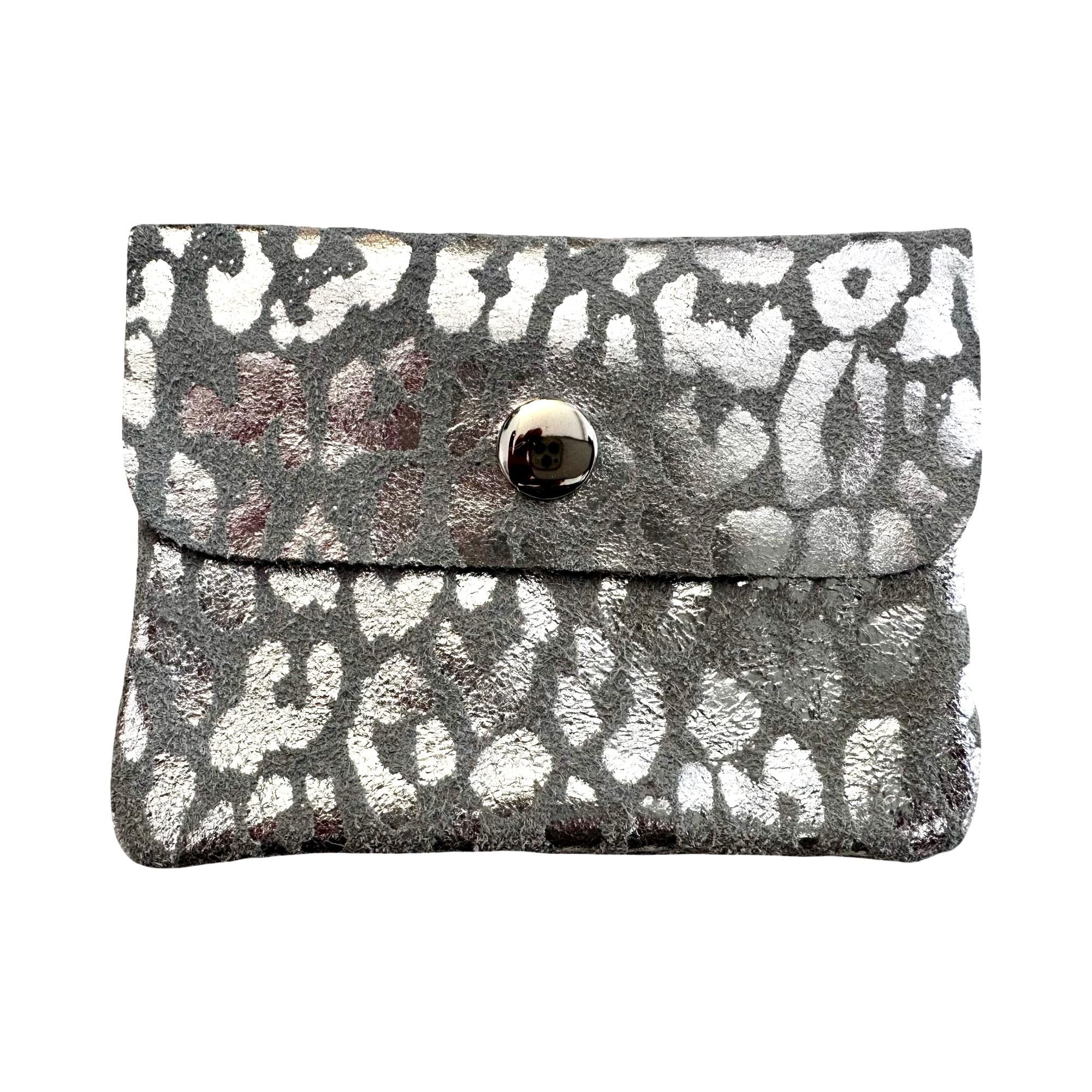 Mini Geldbörse | Echt Leder Leo Print | silberne Lederbörse | kleines Portemonnaie | Geldtasche Leopardenmuster